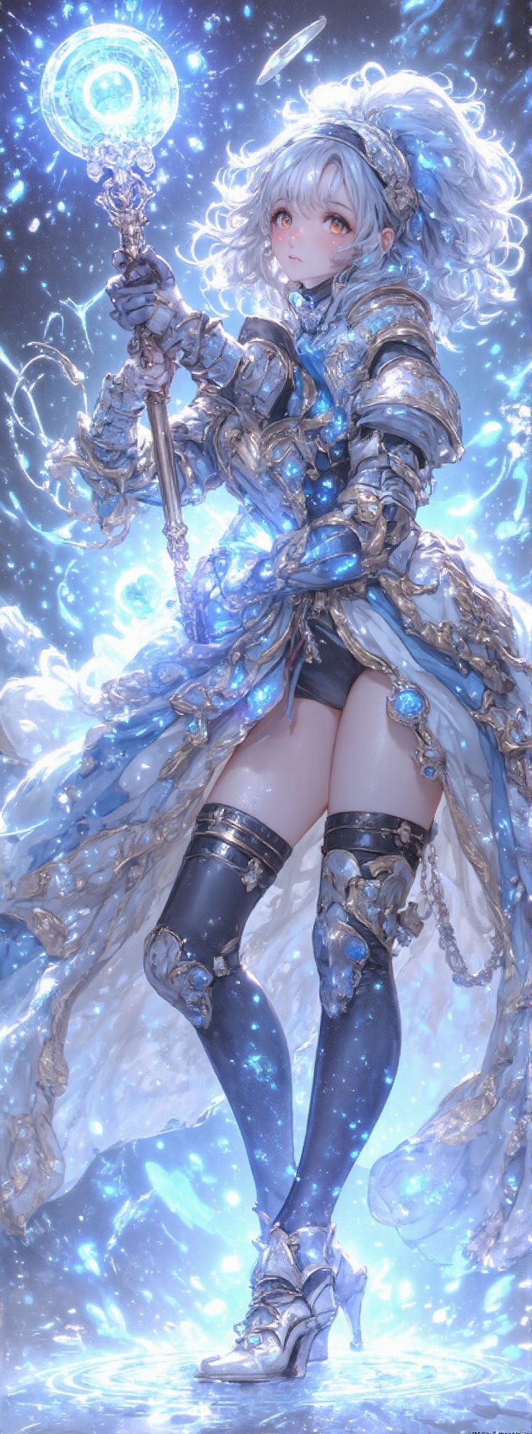 Score_9, score_8_up, score_7_up, Ayami Kojima’s masterpiece unfolds in stunning, ethereal scenes. A brave female warrior wearing diamond armor and golden proportions raises a shining holy sword. The background is a light blue rose with snowflakes that symbolizes purity and delicacy. There was an otherworldly aura in the air, as the armor worn by the female warriors was intricately decorated with machine parts, diamonds, crystals, gems, and sparkling lace threads between the components. Blurred background. The lighting is a perfect blend of exposure, with a subtle HDR effect that adds depth and dimension to the scene. The colors are soft and the tones are soothing, evoking a sense of tranquility. The female warrior has nine white fox tails that adorn her body, giving her an aura of protection and strength. In this surreal fantasy world where magic and technology seamlessly merge, the female warrior's determination to uphold justice is evident, and she is ready to face any challenges that lie ahead. Movie special effects grade style.