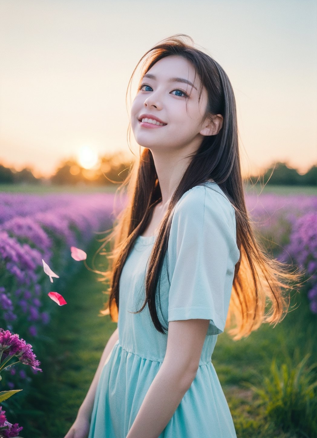 A dreamy girl in a short dress is looking up at the sky while walking through a field of wild flowers, with a breeze blowing during sunset, wind blown long hair, wind blown flower petals everywhere, watercolor illustration, anime style of a 19 years old girl with sparkling blue eyes and a gentle smile Portrait,WideHipsDef