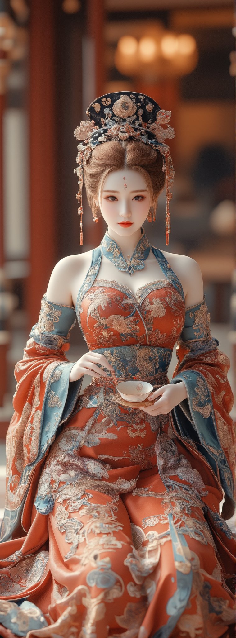 Score_9, score_8_up, score_7_up, a beautiful beauty with ancient oriental charm,((light orange hair)) wearing a red gold phoenix embroidered wedding dress, with an elegant frontal posture, surrounded by the splendor of a luxurious wedding banquet. With her long legs stretched out on the ground and a cup of tea in her hand, she exuded a calm demeanor. The Tang Dynasty-style headdress and jewelry added to her beauty, (while the teal )open sleeves and thin shoulders highlighted her curves. In the background, the luxurious interiors of the mansion create a lively atmosphere, and the panoramic view transports the viewer into this unforgettable moment. Movie special effects style.