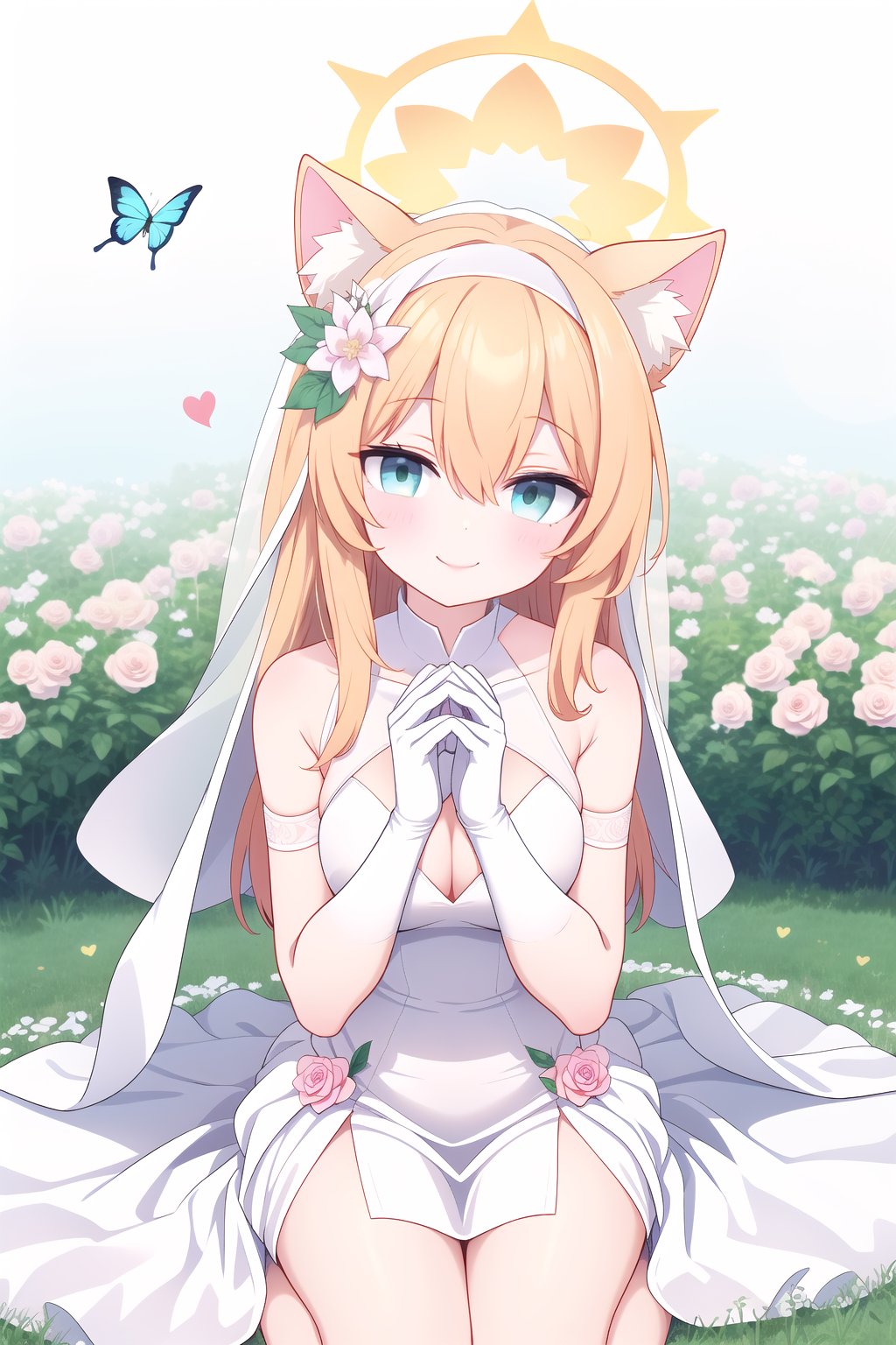 1girl, solo, long hair, breasts,heart hands, heart hands duo,Half-length photo,looking at viewer, blush, smile, bangs, blue eyes, simple background, hair ornament, gloves, white background, dress, ribbon, animal ears, hair between eyes, bare shoulders, jewelry, sitting, closed mouth,flower, sleeveless, elbow gloves, cat ears, white gloves, hair flower, white dress, orange hair,animal ear fluff, rose, halo, grass,white flower, butterfly, veil, pink flower, blue flower,wedding dress, yellow flower, purple flower, bridal veil, white rose, pink rose, blue butterfly, mari \(blue archive\)