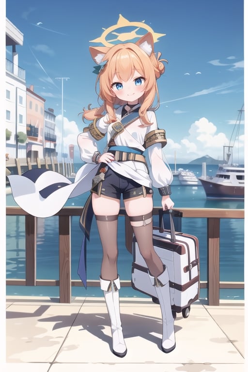 1 girl,
All-white military uniform, all-white shirt, medal, white tight shorts, background next to the port, pier, navy sword hanging on the waist, daytime, looking at the audience, full body photo, white boots, background of the ship,
,Elegant,shy,charming, sexy, Bracelets,bun,smile,blush, blue eyes,bangs, animal ears, thighs, small breasts, orange hair,halo, habits,mari (blue archive)