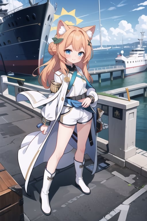 1 girl,
All-white military uniform, all-white shirt, medal, white tight shorts, background next to the port, pier, navy sword hanging on the waist, daytime, looking at the audience, full body photo, white boots, background of the ship,
,Elegant,shy,charming, sexy, Bracelets,bun,smile,blush, blue eyes,bangs, animal ears, thighs, small breasts, orange hair,halo, habits,mari (blue archive)