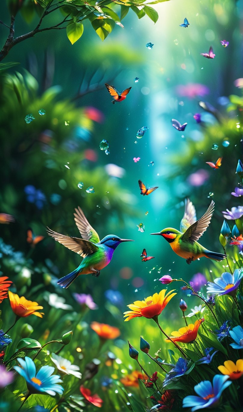 Masterpiece, best quality, high quality, highly detailed cg unity 8k wallpaper, an extremely colorful and pure fantasy environment, vibrant tones and bright skies, bright green grass landscapes, colorful trees, sparkling Fruits and bright blue flowers. The streams were deep blue, and there was a sweet, exotic flavor in the air. Environment seems taken out of a dream, glowing butterflies and huge colorful birds flying around, award winning photography, bokeh, depth of field, HDR, bloom, chromatic aberration, realistic, very detailed, trending on artstation , trending on cgsociety, intricate, high detail, dramatic, midjourney art