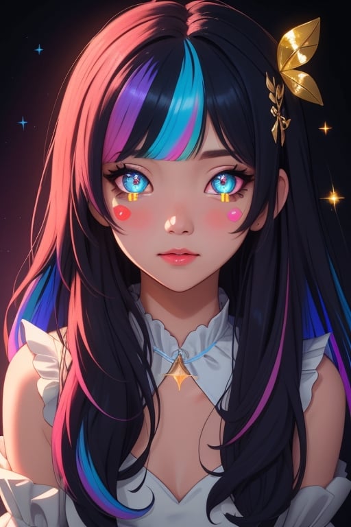 (masterpiece), best quality, expressive eyes, perfect face, glowing eyes, hair ornament, rainbow hair, bangs, Volumetric Lighting, glitter, dress, blush stickers, glitter, High detailed, SAM YANG, long hair