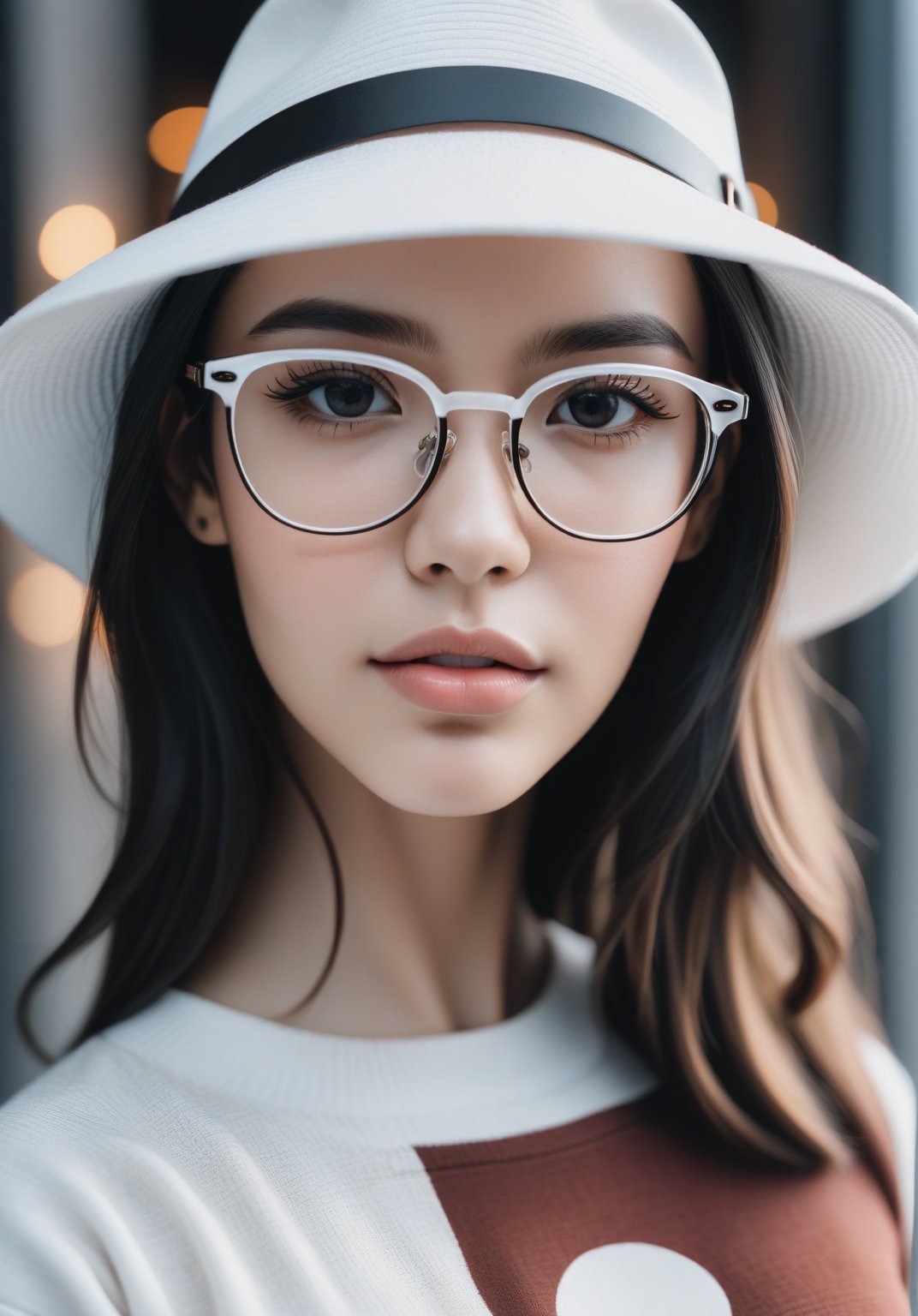 a close up of a woman wearing glasses and a white hat, with glasses, ig model | artgerm, beautiful girl model, glasses, beautiful model girl, with square glasses, with black eyeglasses, eyeglasses, with glasses on, captured on canon eos r 6, ( ( eye glasses ) ), 38mm photograhpy, artgerm moody photography