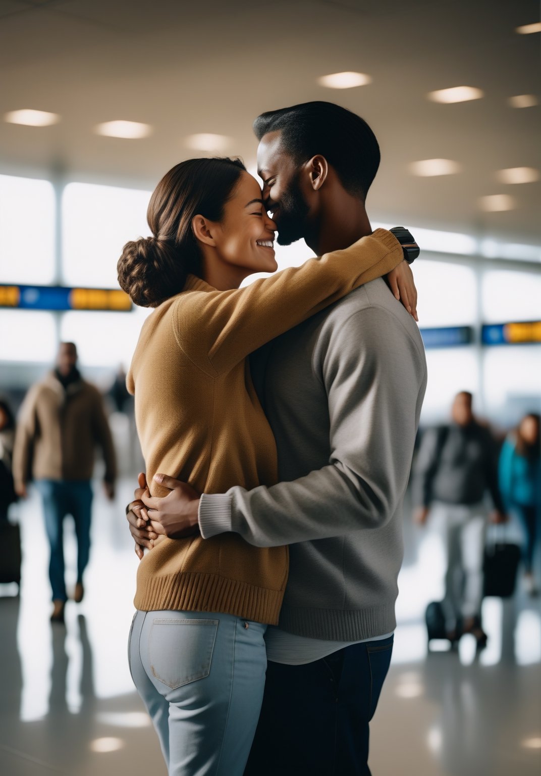 cinematic, still live of photography, at an airport, a happy couple engage in a touching hug, marking the moment of their arrival, medium shot, shot by hasselblad X1D, prime lens, kodak gold 200