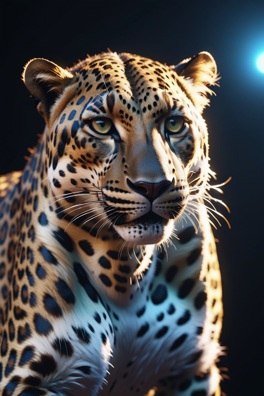 leopard, neon, glow, smoke, hyperdetail, 4k, realistic, UltraHD, Octane render, downlight, photo studio, 200 mm, Hyper photo realistic perfectly symmetrical extremely detailed, digital concept art, Unreal Engine, Cinematic, Color Grading, portrait Photography, Ultra-Wide Angle, hyper-detailed, beautifully color-coded, intricate details, blu-ray, beautifully color graded, Unreal Engine, Cinematic, Editorial Photography, Photoshoot, Shot on 22mm lens, Tilt Blur, Shutter Speed 1/1000, F/22, White Balance, 32k, Super-Resolution, ProPhoto RGB, VR, Incandescent, Optical Fiber, Contre-Jour, Accent Lighting, Global Illumination, Screen Space Global Illumination, Ray Tracing Global Illumination, Shadows, Shimmering, Ray Tracing Reflections, Lumen Reflections, Screen Space Reflections, Diffraction Grading, Chromatic Aberration, GB Displacement, Scan Lines, Ray Traced, Ray Tracing Ambient Occlusion, Anti-Aliasing, FKAA, TXAA, RTX, SSAO, Shaders, OpenGL-Shaders, GLSL-Shaders, Post Processing, Post-Production, CeLl Shading, Tone Mapping, CGI, VFX, SFX, insanely detailed and intricate, hypermaximalist, masterpiece, cinematic, Hollywood production, 8k resolution, high definition, max octane render, vivid colors, 3d, max resolution, artstation, volumetric lighting, masterpiece, cinematic, max resolution, max perfectionism, realistic composition, professional photography, max focus, masterful techniques, best quality, flawless results, optimal clarity, Telephoto, extreme Depth of Field, 8K UHD, max precision line work, pristine finish, fine