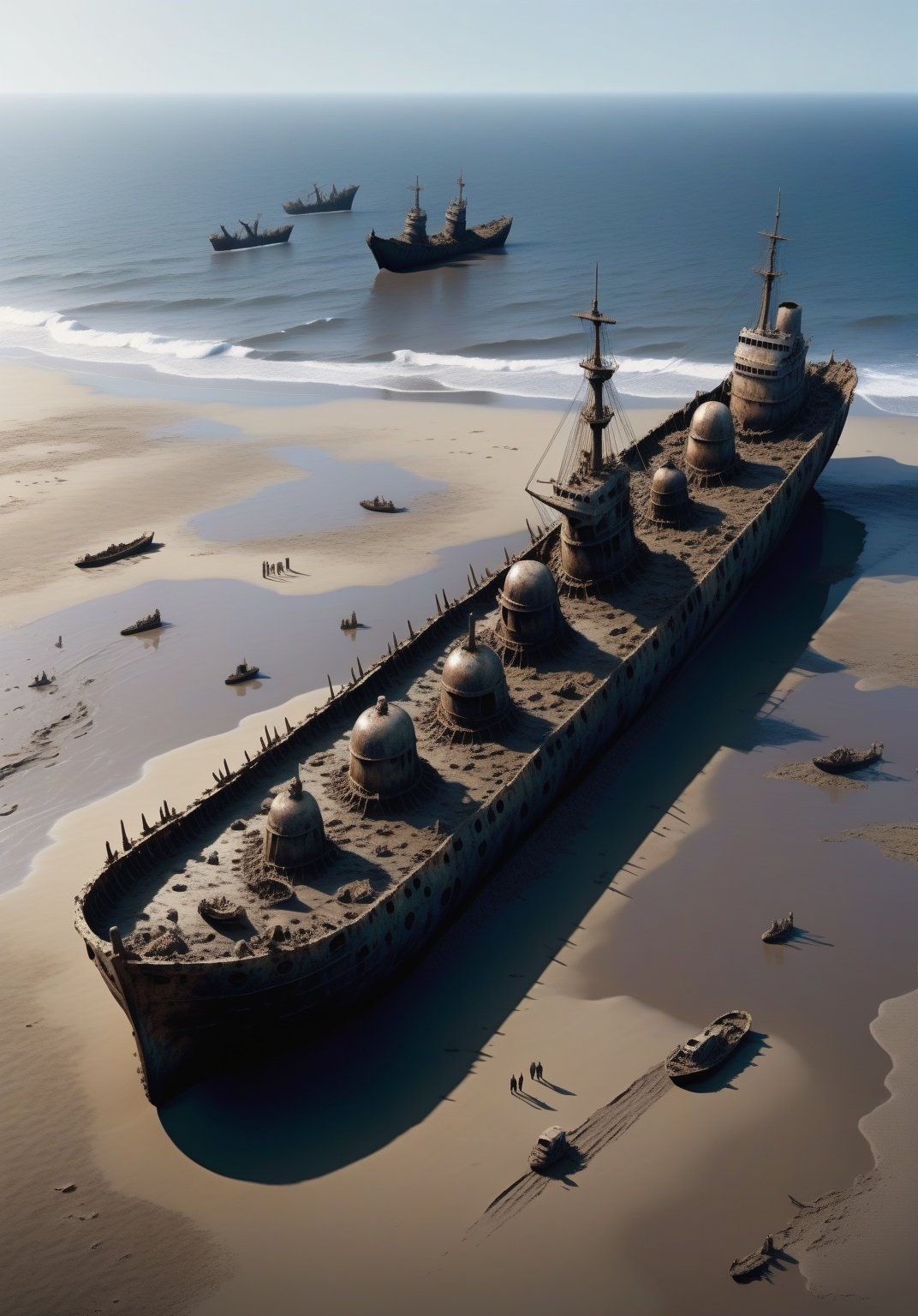 a Christopher Nolan movie featuring old wrecked ships stuck in the ground of a dried out pacific ocean. Show the scale of the small figures against the hollowed out space that was once the great ocean. the ground is muddy and bubbling, like tapioca pudding.