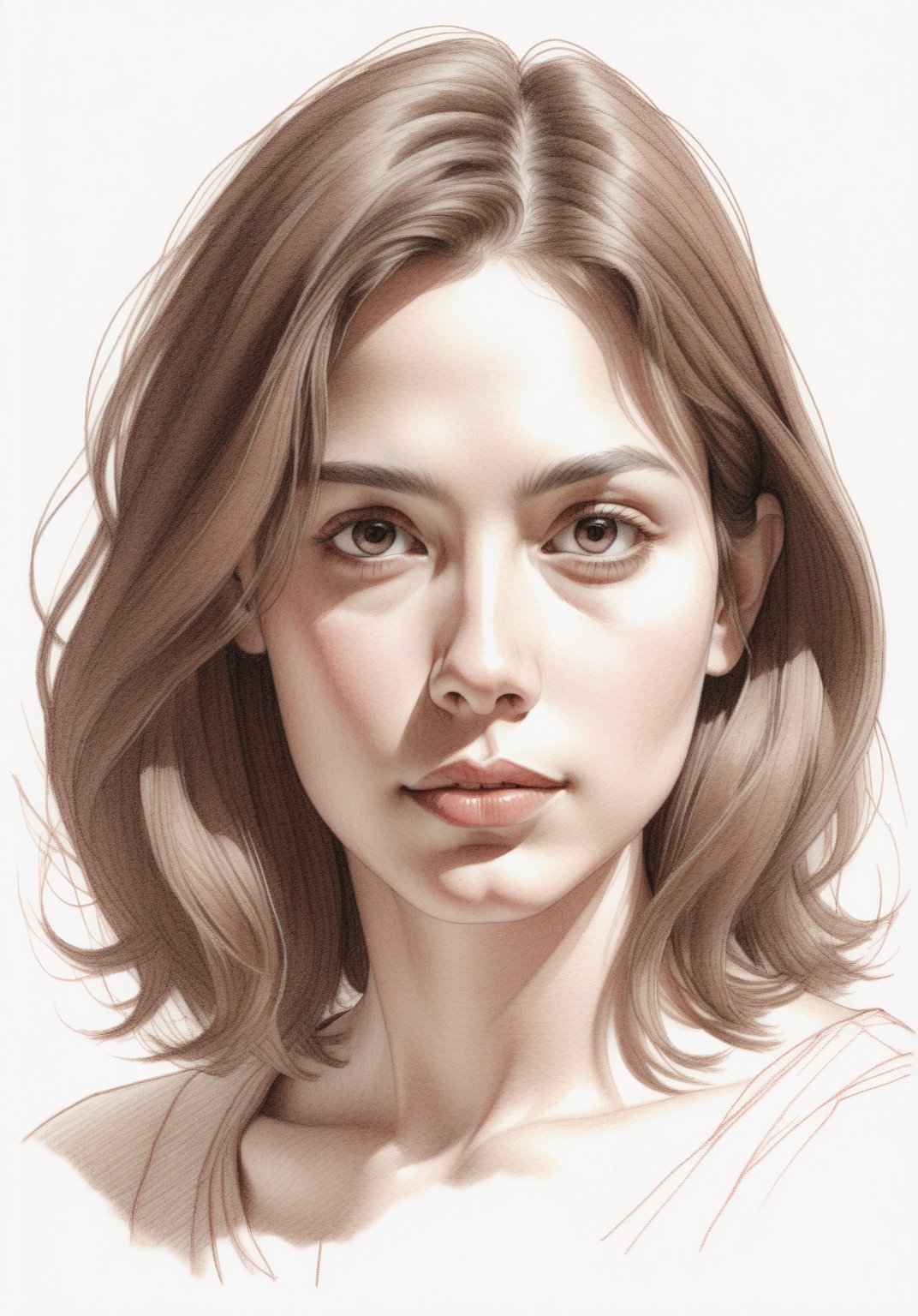 A simple pencil sketch of the face and upper body of an average-looking woman with shoulder-length hair against a white background. The drawing is in muted red tones on light-colored paper, creating a subtle contrast that highlights facial features like eyes and lips. Her expression appears calm or neutral as she looks directly at the viewer from her frontal position. There is no text written over it to emphasize its simplicity and focus on form in the style of an ultrarealistic illustration.