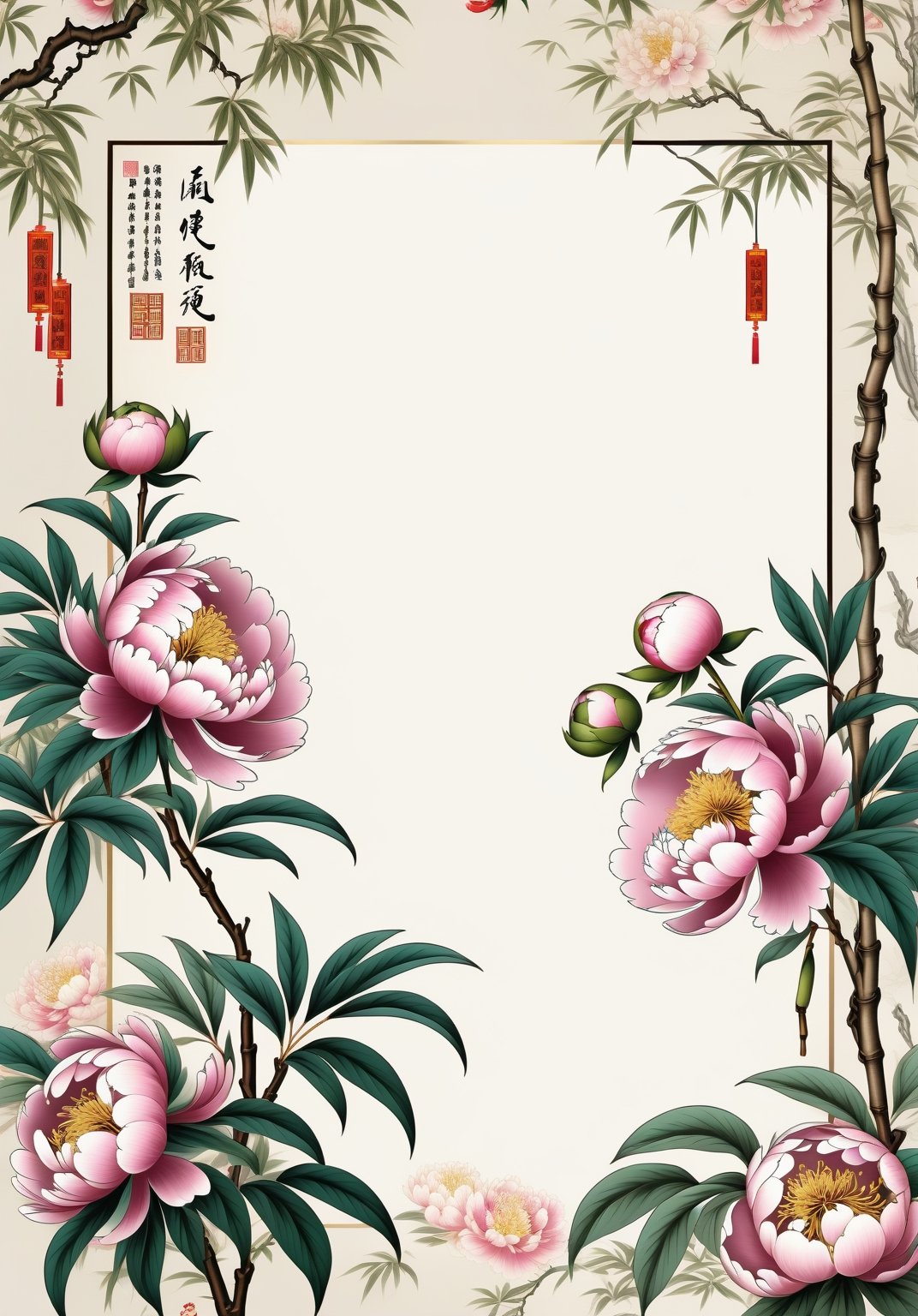 fabric print design Peony pattern, Chinese legendary flower, willow tree , combined with ancient Chinese paintings which is an advertising billboard Antique Chinese items, vintage, light colored background.