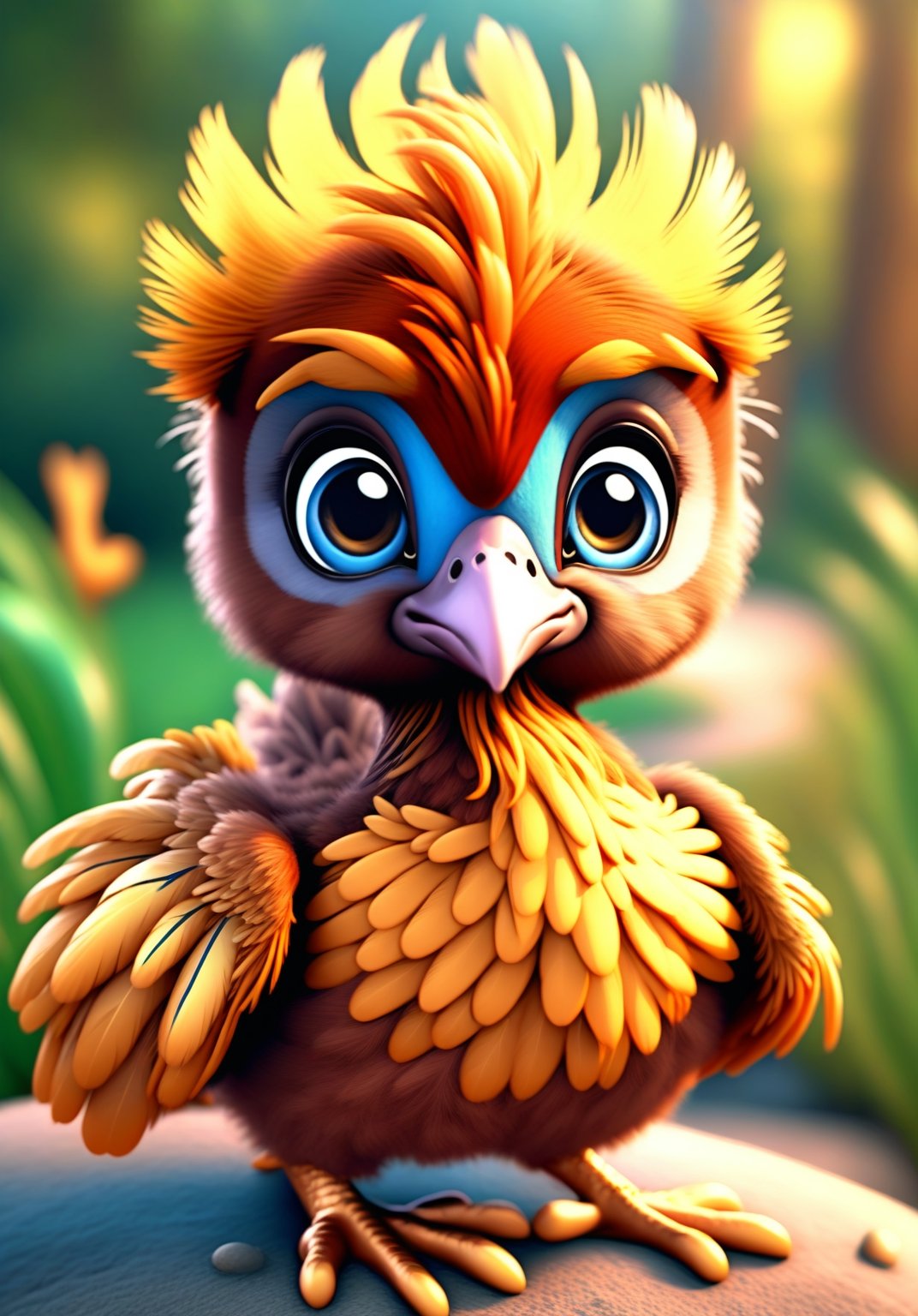 cute baby phoenix. game charicteristic. big foot. soft feather. 16k, hyper realistic, depth of field, photorealistic Anti-Aliasing, Post Processing, Post Production, VFX, Super detailed, in the style of enchanting surrealism, in the style of ultra-realistic photos, Full color, HDR, 16K, Sharp focus