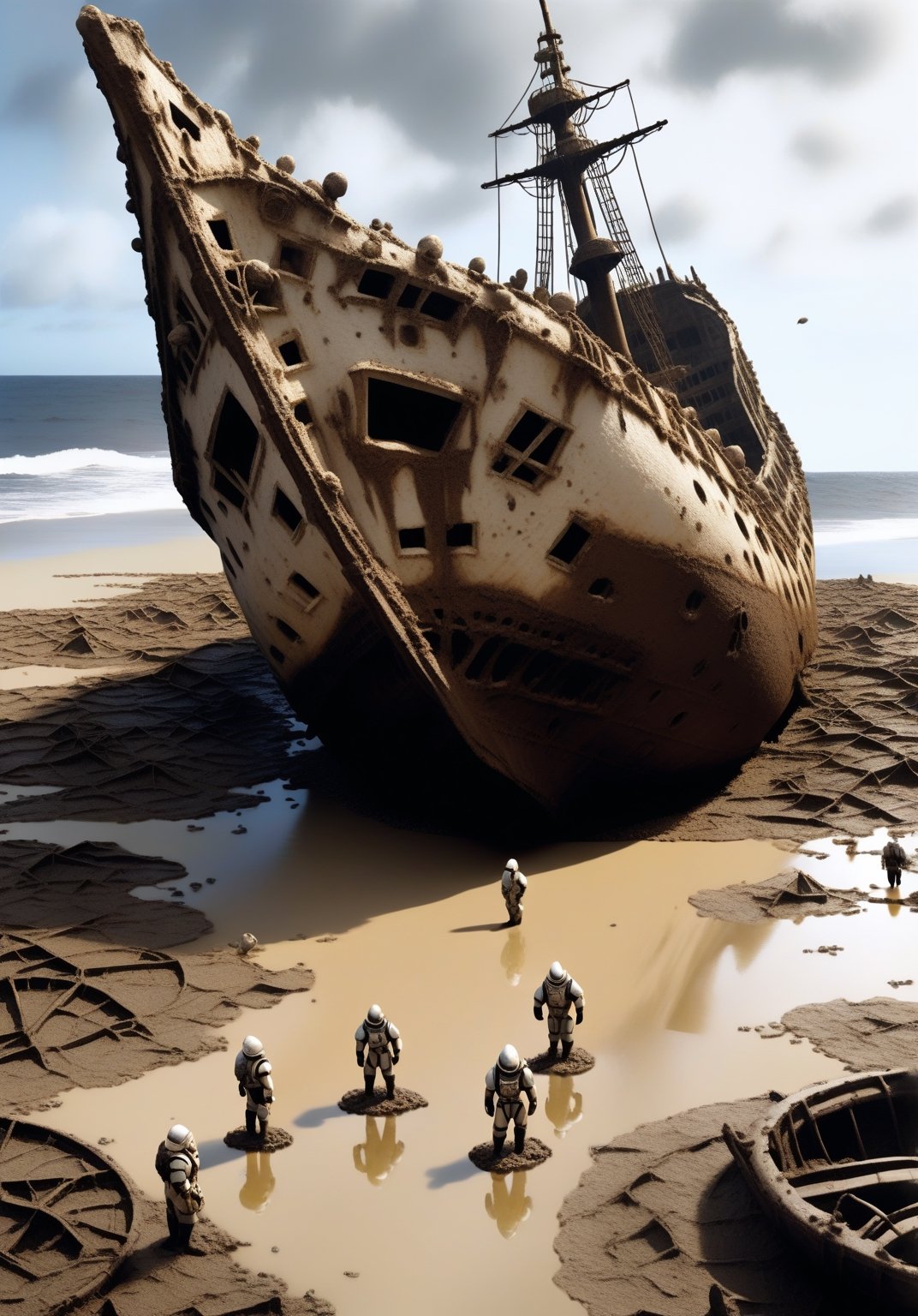 a Christopher Nolan movie featuring old wrecked ships stuck in the ground of a dried out pacific ocean. Show the scale of the small figures against the hollowed out space that was once the great ocean. the ground is muddy and bubbling, like tapioca pudding.