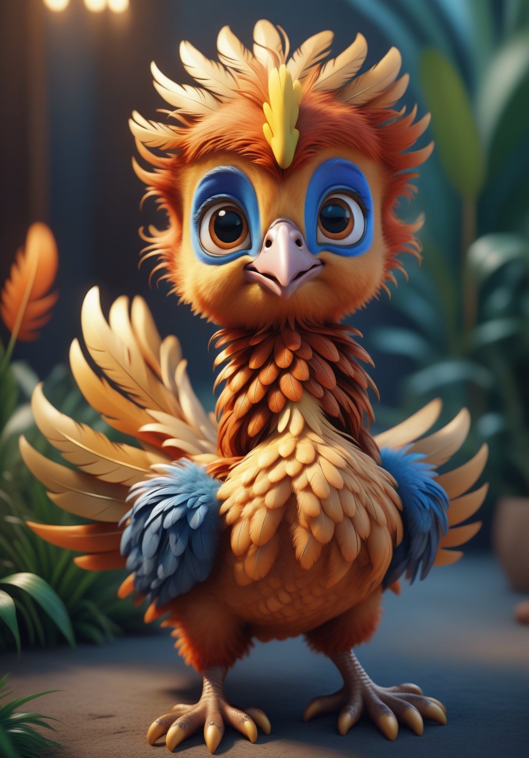 cute baby phoenix. game charicteristic. big foot. soft feather. 16k, hyper realistic, depth of field, photorealistic Anti-Aliasing, Post Processing, Post Production, VFX, Super detailed, in the style of enchanting surrealism, in the style of ultra-realistic photos, Full color, HDR, 16K, Sharp focus