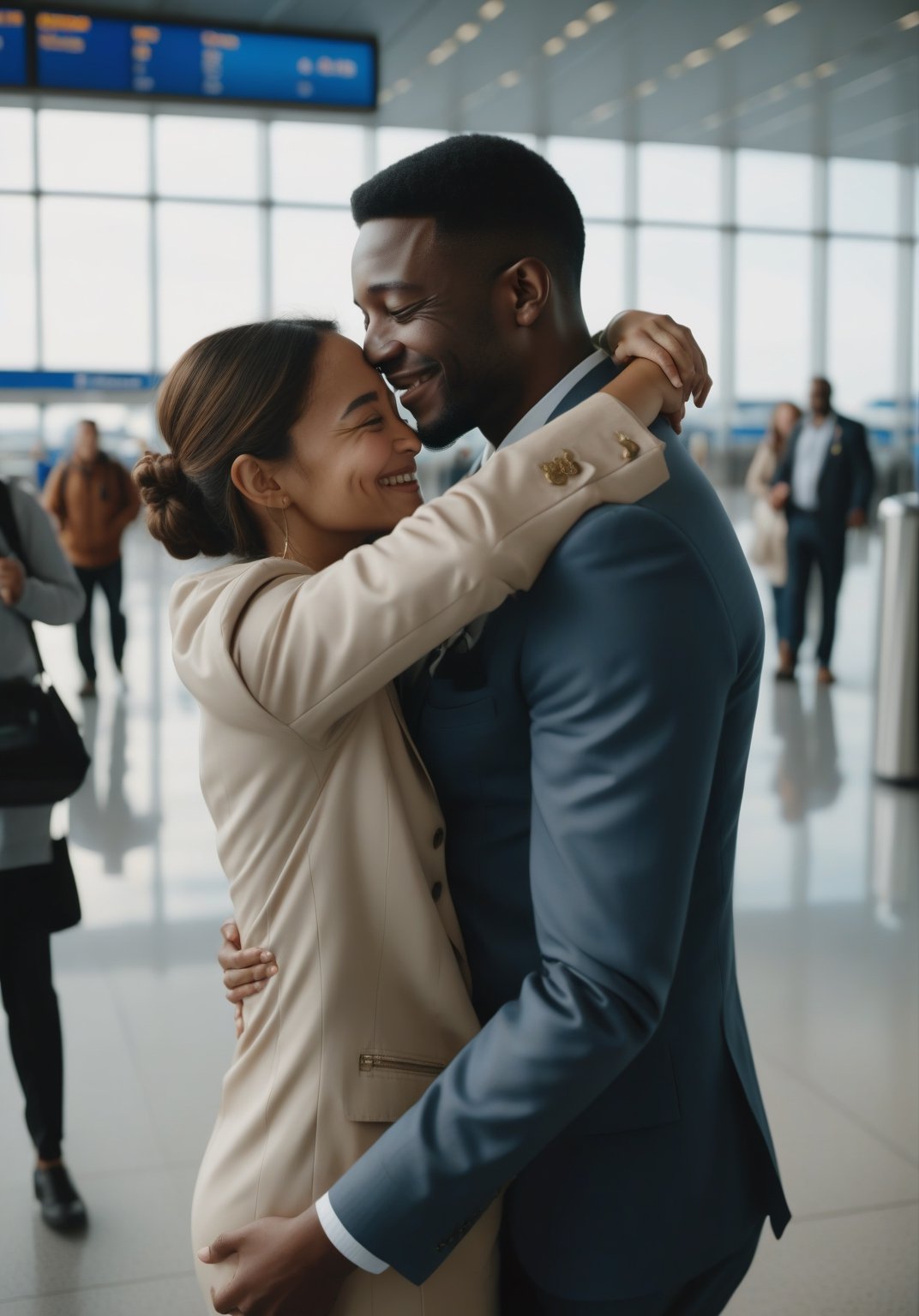 cinematic, still live of photography, at an airport, a happy couple engage in a touching hug, marking the moment of their arrival, medium shot, shot by hasselblad X1D, prime lens, kodak gold 200