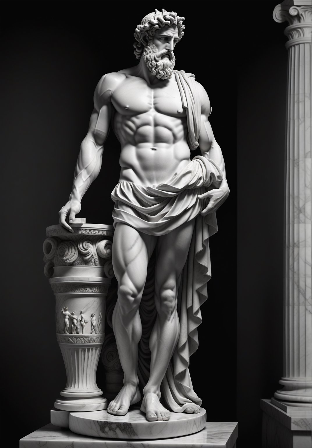 A series of hyper-realistic, photo-realistic black and white images depicting classical Greek sculptures of philosophers and gods with pensive and majestic expressions, each full-bodied sculpture dramatically lit to emphasize intricate details like curls in the hair and muscular contours, set against a dark, neutral backdrop to highlight the marble's glow and create a three-dimensional cinematic effect, evoking reverence and antiquity. Additionally, imagine these sculptures inside a majestic Greek temple with Doric columns under a partially cloudy sky, stone staircases leading to various temple levels adorned with detailed sculptures and friezes that narrate Greek myths, and a polished marble floor reflecting the grand figures. Surrounding olive trees and ancient urns enhance this historic setting, while scenes of citizens in togas engaging in philosophical discussions or religious rituals bring the scene to life.