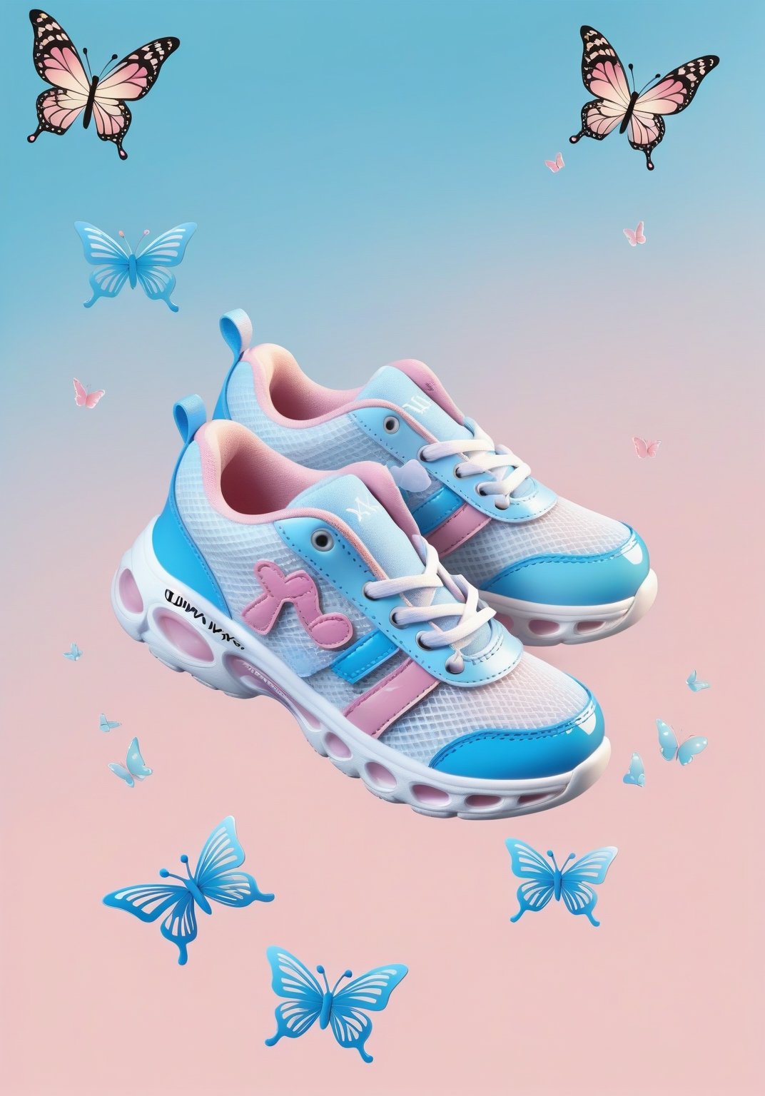 Product poster design, children's shoes with the words "ULTRAWIDE SHriters" written on it and butterflies flying in pastel colors. The background is light pink sky blue gradient and there should be some water ripples at bottom right. They look like sneakers made of white mesh material with gray soles. A large title reads 'x', while small letters say 'ogilvys.' The shoe has two big lights hanging from its upper part.