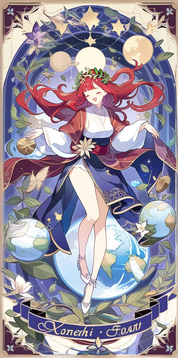 A goddess, eyes closed, very long red hair, with purple shawl and ribbon, gorgeous robe, floats in the center of the photo, holding the earth, surrounded by a circle of laurel crown leaves, space, (tarot card design), botanical illustration, classic, elegant flourish, Lofi art style, vintage, [(text that says "WORLD")], best quality, masterpiece, extremely detailed, intricate details, ,5 blue stars,tarot