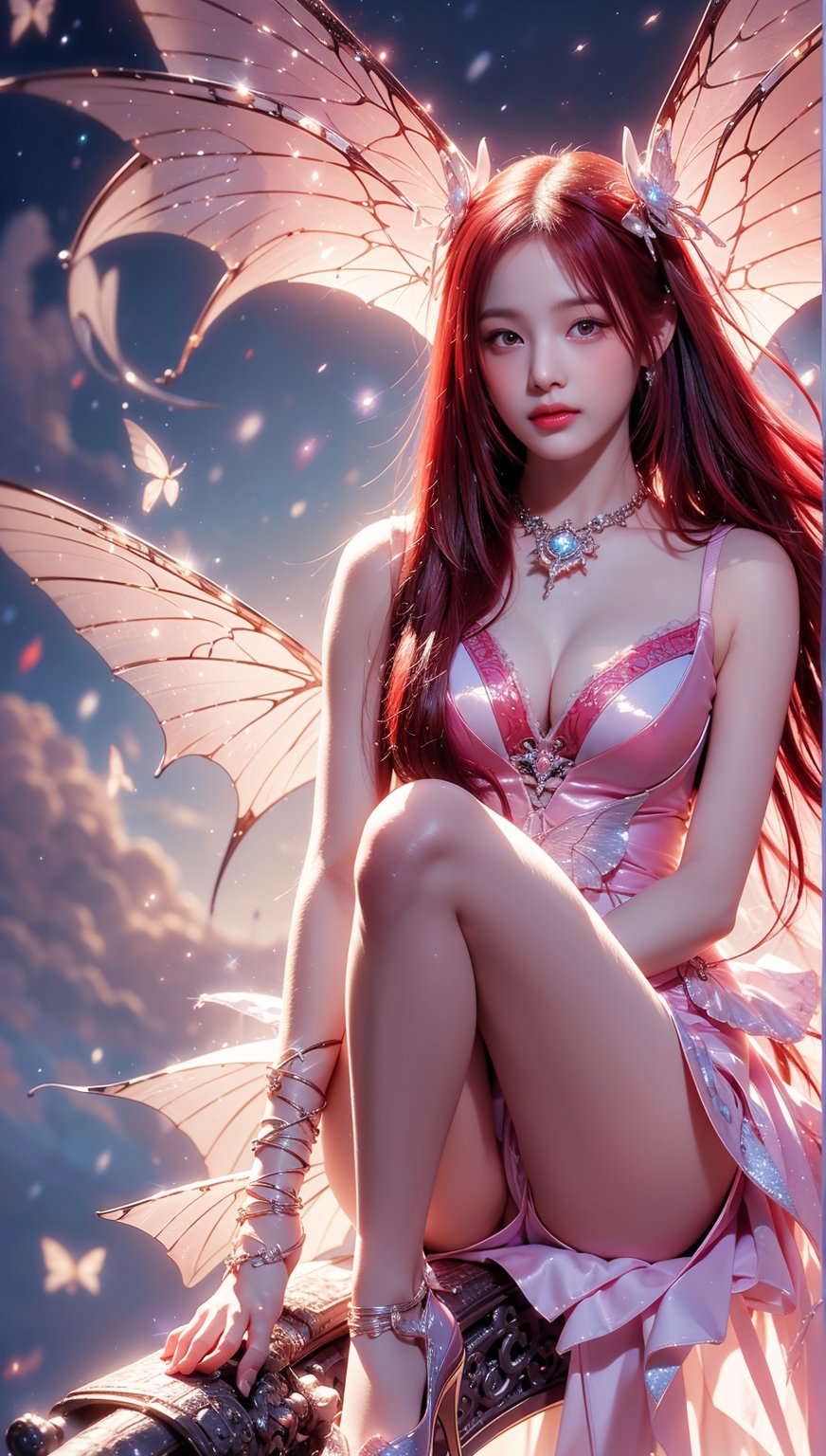 ((best quality)), ((masterpiece)), (detailed), alluring succubus, ethereal beauty,((red hair)),((hime cut))perched on a cloud, (fantasy illustration:1.3), enchanting gaze, captivating pose, delicate wings, otherworldly charm, mystical sky, (Luis Royo:1.2), (Yoshitaka Amano:1.1), moonlit night, soft colors, (detailed cloudscape:1.3), (high-resolution:1.2),Enhance