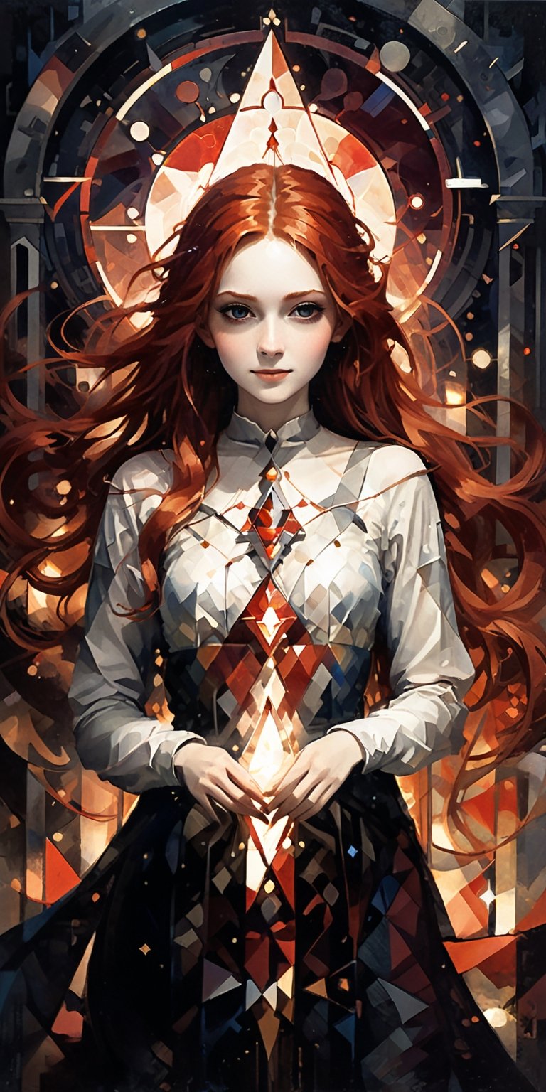 1girl, long_red_hair, the radiant glow of a sacred ambiance, geometric forms create an otherworldly realm. The protagonist, with a gentle smile and mysterious gesture, captivates onlookers. The enigmatic gesture evokes a sense of reverence, casting an aura of mystery across the entire piece. This artwork combines a divine atmosphere with geometric beauty, delivering a sublime experience that leaves viewers in awe