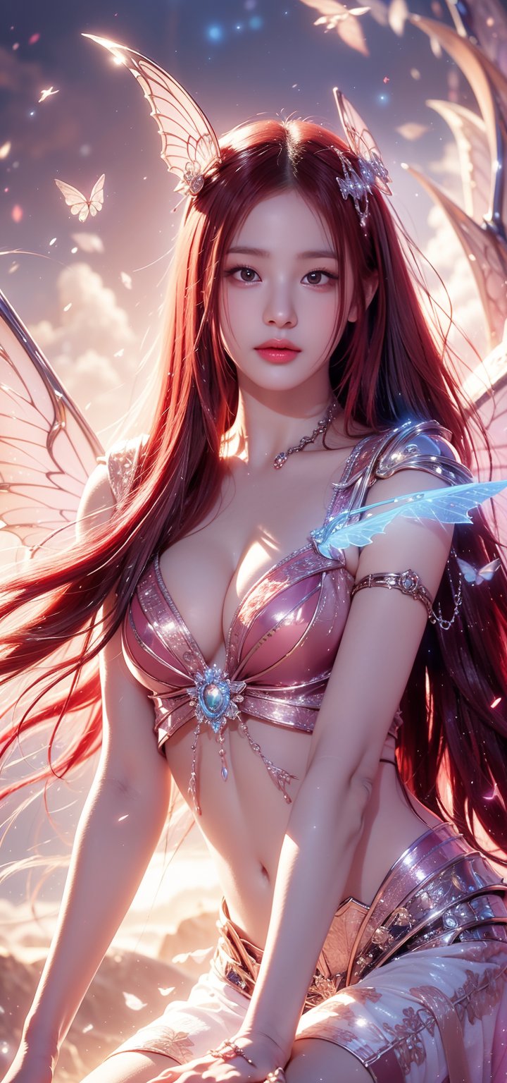 ((best quality)), ((masterpiece)), (detailed), alluring succubus, ethereal beauty,((red hair)),((hime cut))perched on a cloud, (fantasy illustration:1.3), enchanting gaze, captivating pose, delicate wings, otherworldly charm, mystical sky, (Luis Royo:1.2), (Yoshitaka Amano:1.1), moonlit night, soft colors, (detailed cloudscape:1.3), (high-resolution:1.2),Enhance