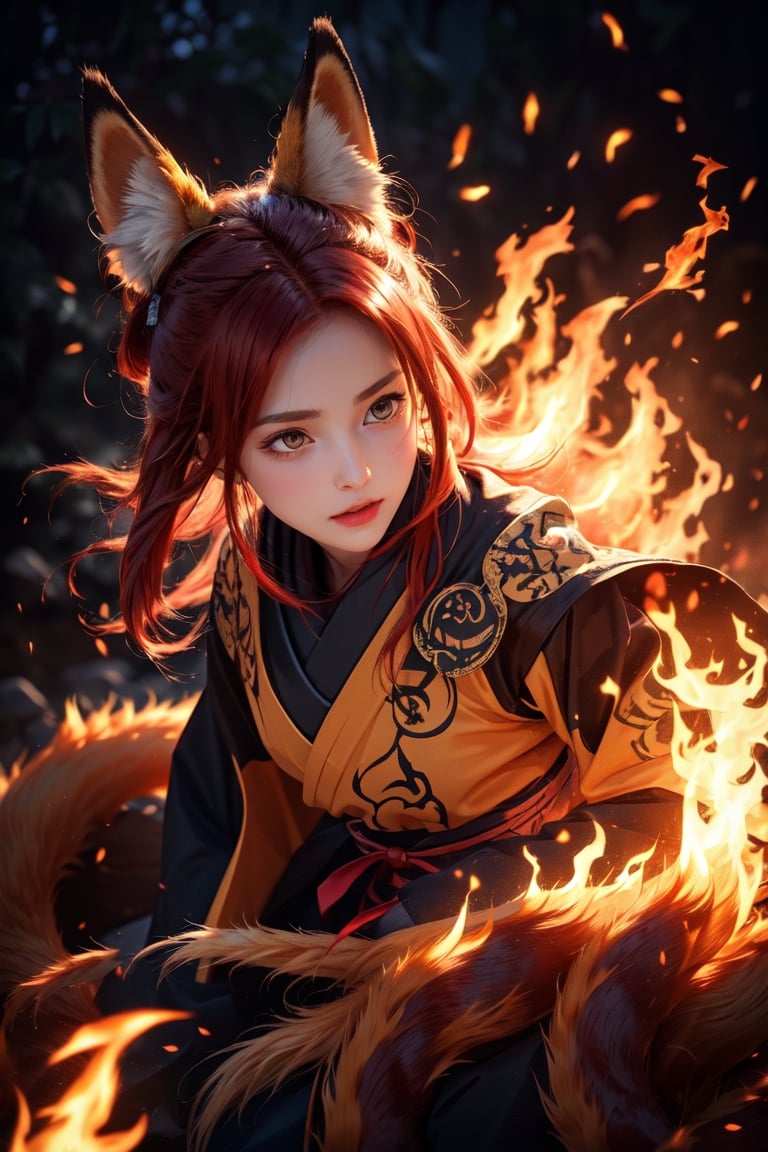 a Japanese ninja nine tails fox-girl, long red fire hair, high quality, high resolution, high precision, realism, color correction, proper lighting settings, harmonious composition