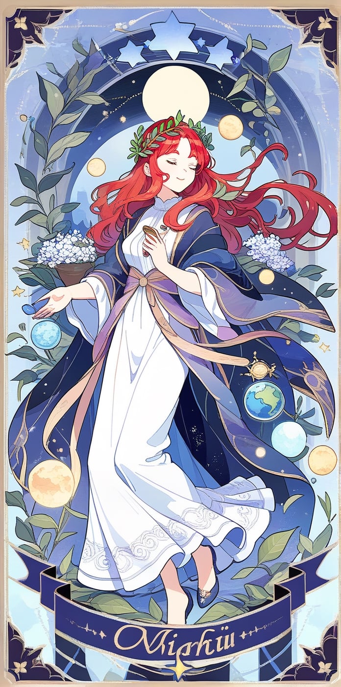 A goddess, eyes closed, very long red hair, with purple shawl and ribbon, gorgeous robe, floats in the center of the photo, holding the earth, surrounded by a circle of laurel crown leaves, space, (tarot card design), botanical illustration, classic, elegant flourish, Lofi art style, vintage, [(text that says "WORLD")], best quality, masterpiece, extremely detailed, intricate details, ,5 blue stars,tarot