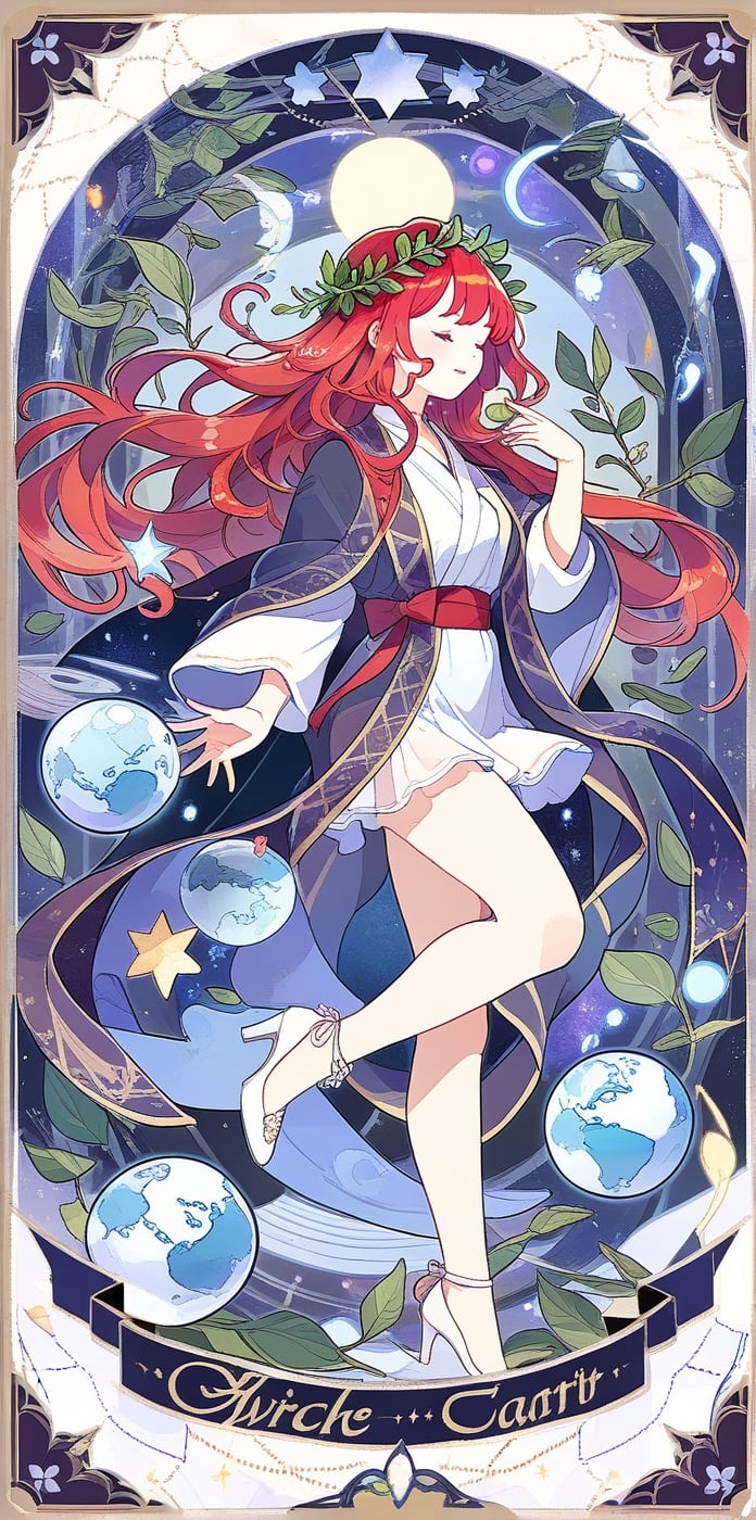 A goddess, eyes closed, very long red hair, with purple shawl and ribbon, gorgeous robe, floats in the center of the photo, holding the earth, surrounded by a circle of laurel crown leaves, space, (tarot card design), botanical illustration, classic, elegant flourish, Lofi art style, vintage, [(text that says "WORLD")], best quality, masterpiece, extremely detailed, intricate details, ,5 blue stars,tarot