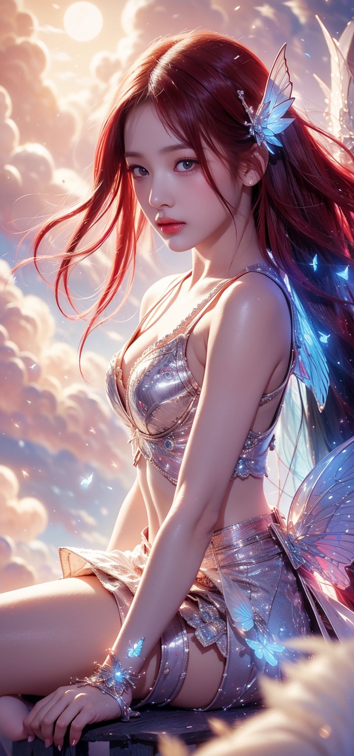 ((best quality)), ((masterpiece)), (detailed), alluring succubus, ethereal beauty,((red hair)),((hime cut))perched on a cloud, (fantasy illustration:1.3), enchanting gaze, captivating pose, delicate wings, otherworldly charm, mystical sky, (Luis Royo:1.2), (Yoshitaka Amano:1.1), moonlit night, soft colors, (detailed cloudscape:1.3), (high-resolution:1.2),Enhance