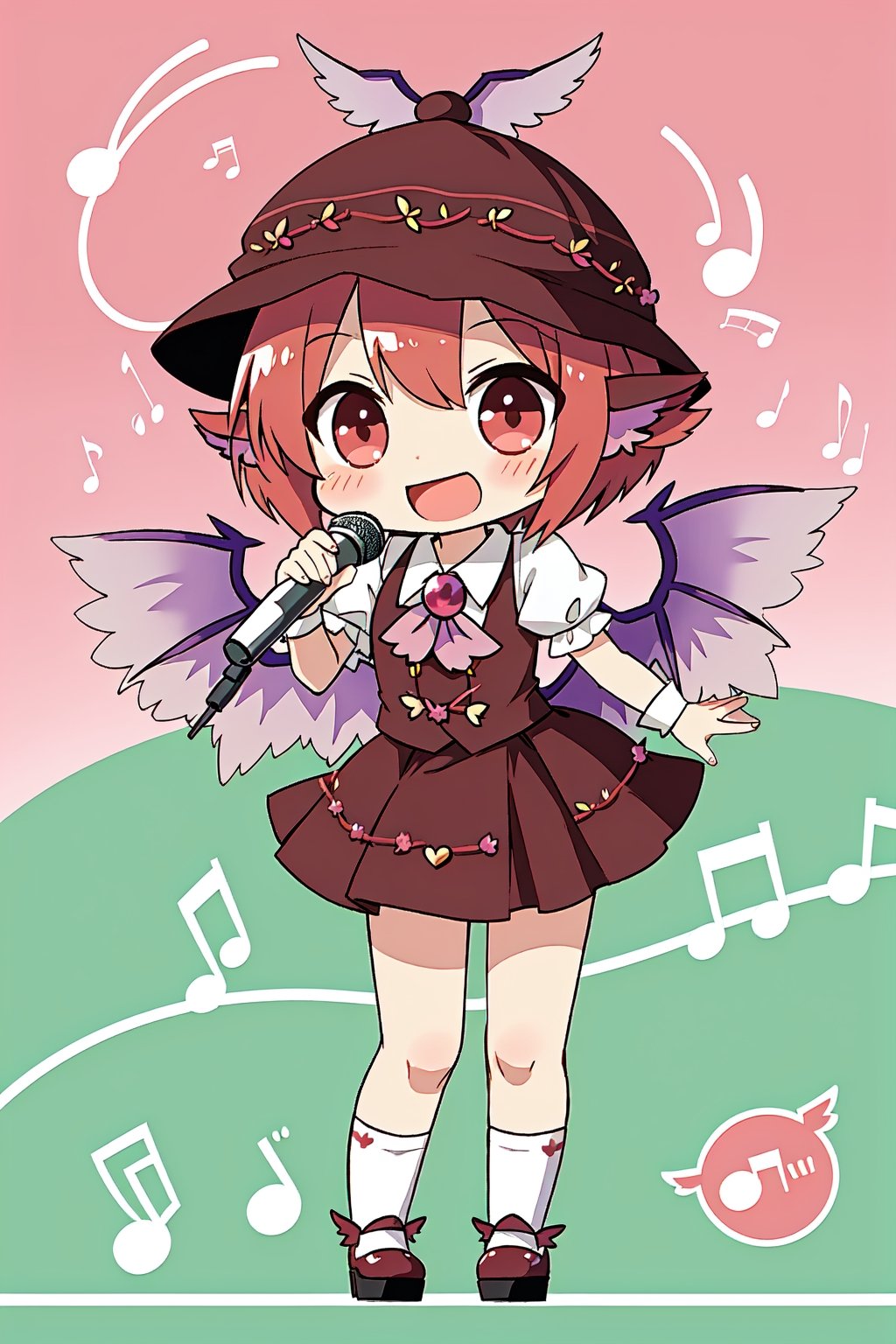 1girl, (mystia lorelei), ((chibi)), standing, cheerful, smile, (singing), (music notes)