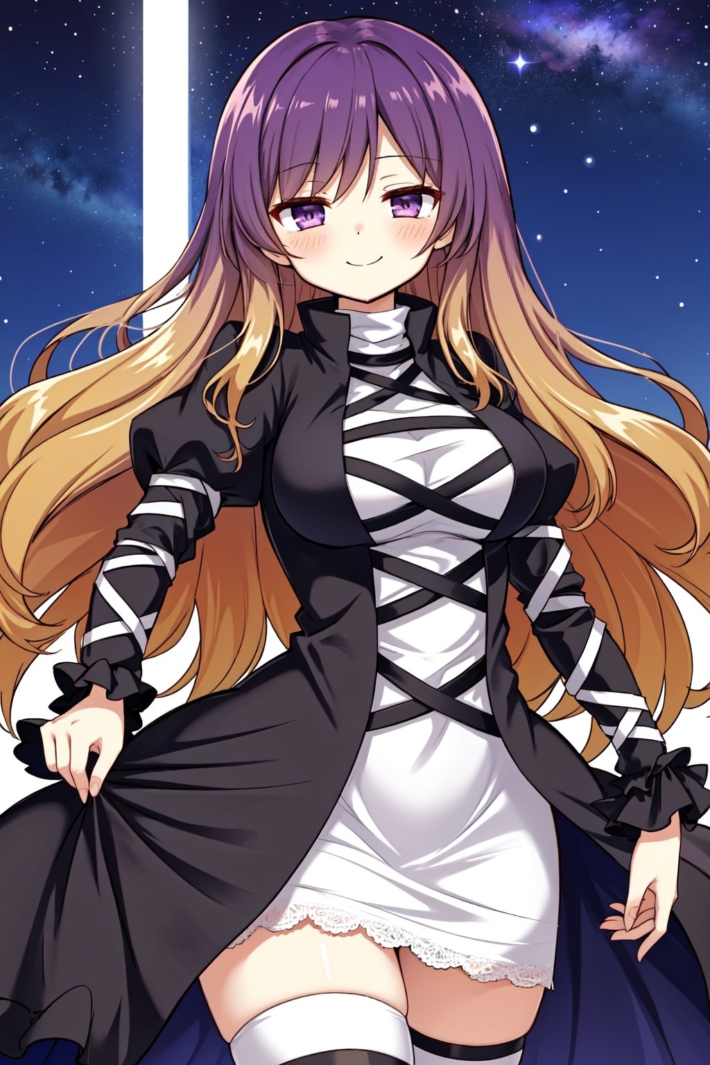 Solo, mature lady, (hijiri byakuren), purple eyes, half-closed eyes, (elegant dress:1.3), (tight dress), (lace trimmed dress), thighhighs, blush, closed mouth, smile, cowboy shot, night sky