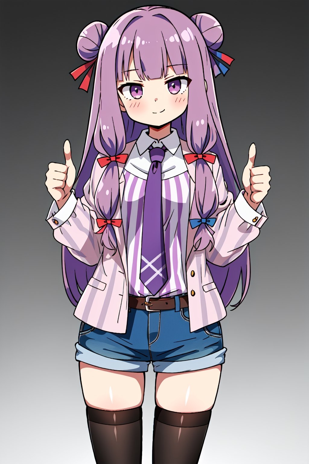 1girl, patchouli, unexpressive face, blouse, necktie, shorts, thighhighs, cowboy shot, standing, (double_thumbs_up)