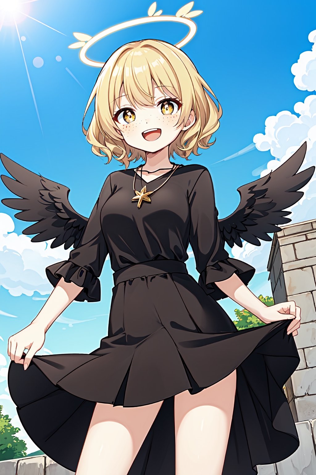 solo, cute lady, fallen angel, black halo, black angel wings, medium breasts, blonde, short hair, curly hair, yellow eyes, freckles, white pupils, emerald pendant, black dress, long skirt, open mouth, smile, cowboy shot, sky, sunny weather 