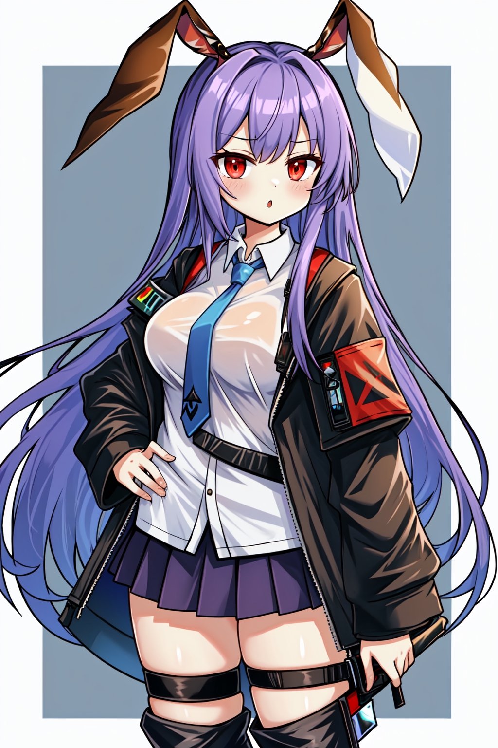 (arknights:1.3), Solo, cute lady, (reisen udongein inaba), :o, cowboy shot, blouse, necktie, skirt, thigh_boots