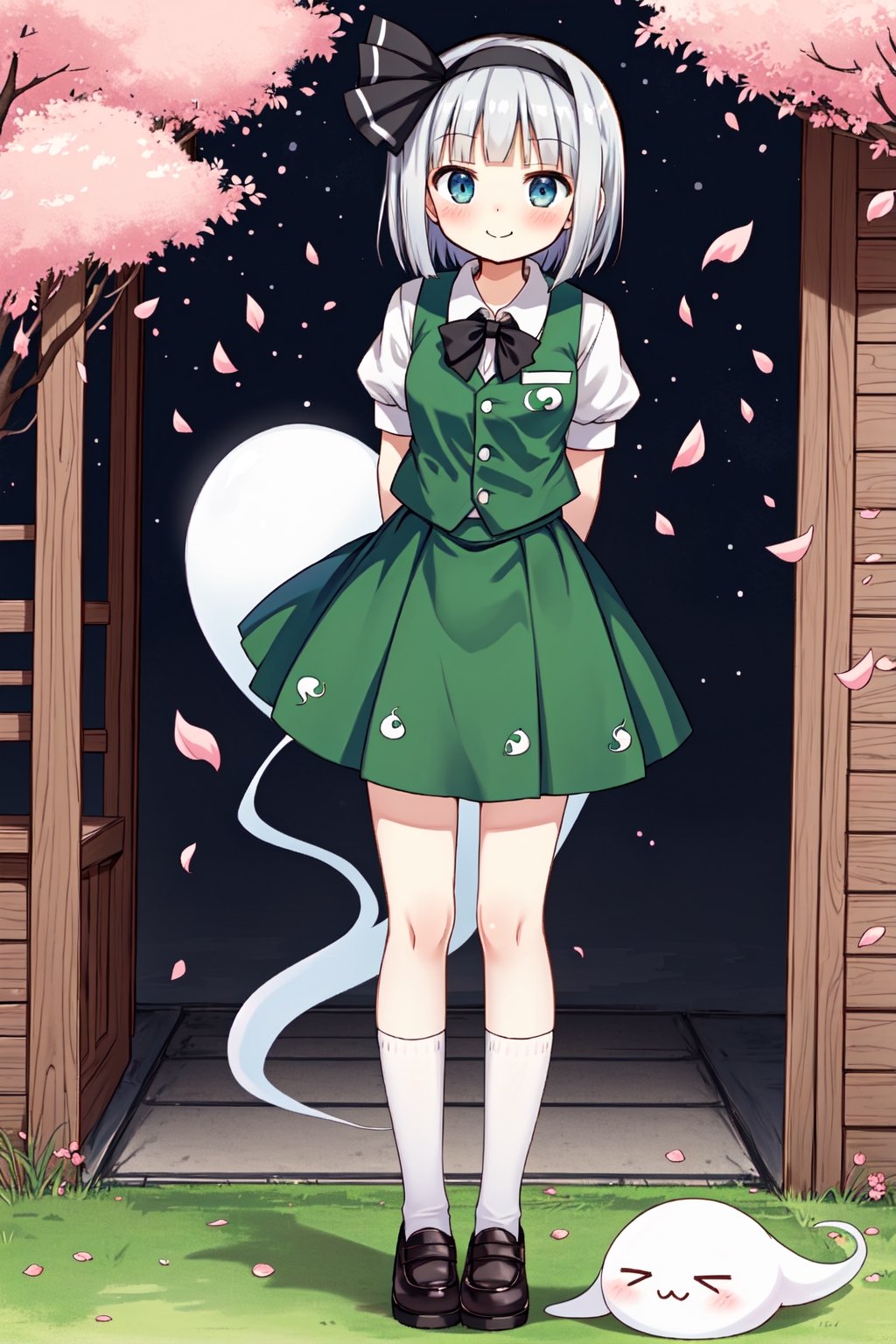 Solo, cute lady, (konpaku youmu, konpaku youmu \(ghost\)), blush, closed mouth, smile standing, (arms behind back), full body, cherry blossom petals 