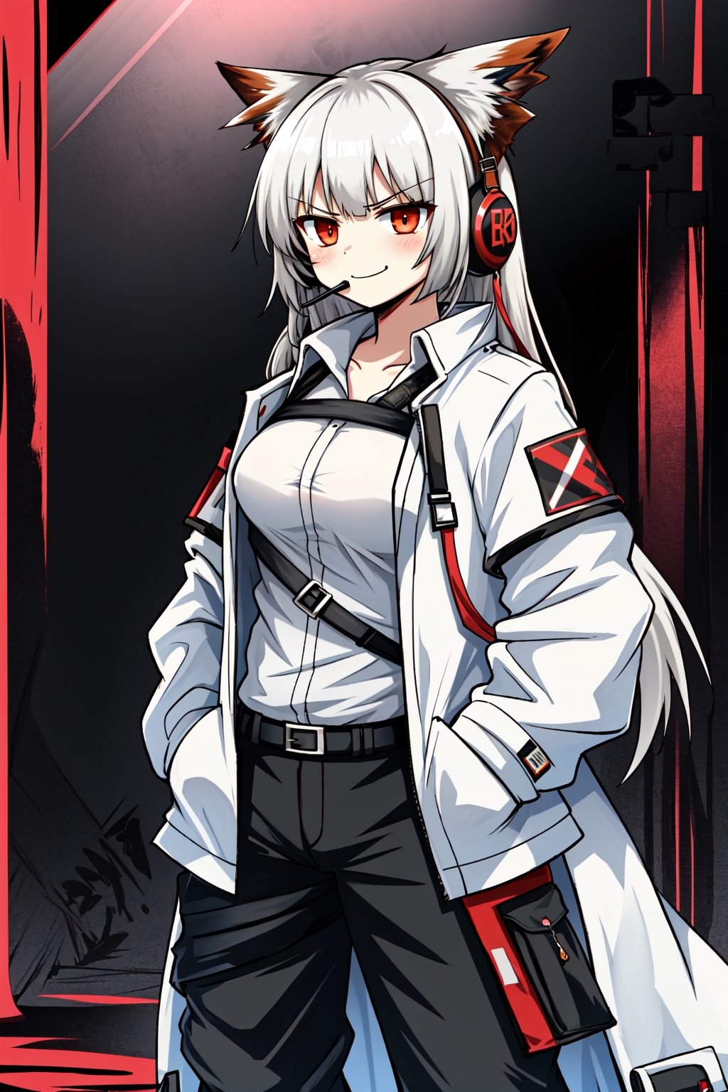 (arknights:1.3), Solo, cute lady, (fujiwara no mokou), angry smile, cowboy shot, headset, blouse, pants, trench coat, hands in pockets