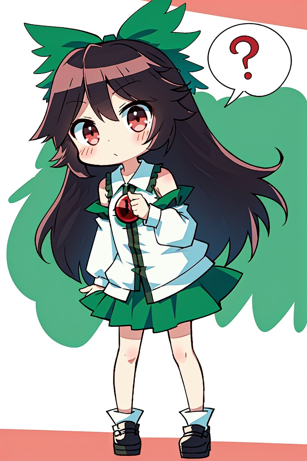 1girl, (reiuji utsuho), ((chibi)), standing, cute, confused, (spoken question mark)