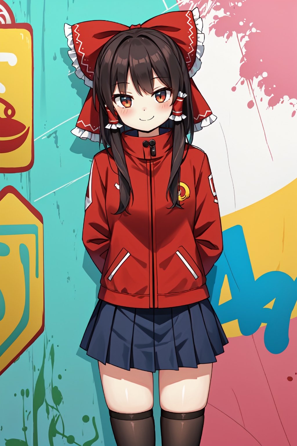 solo, mature lady, reimu, cowboy shot, parka, skirt, thighhighs, closed mouth, smile, arms behind back, graffiti background 