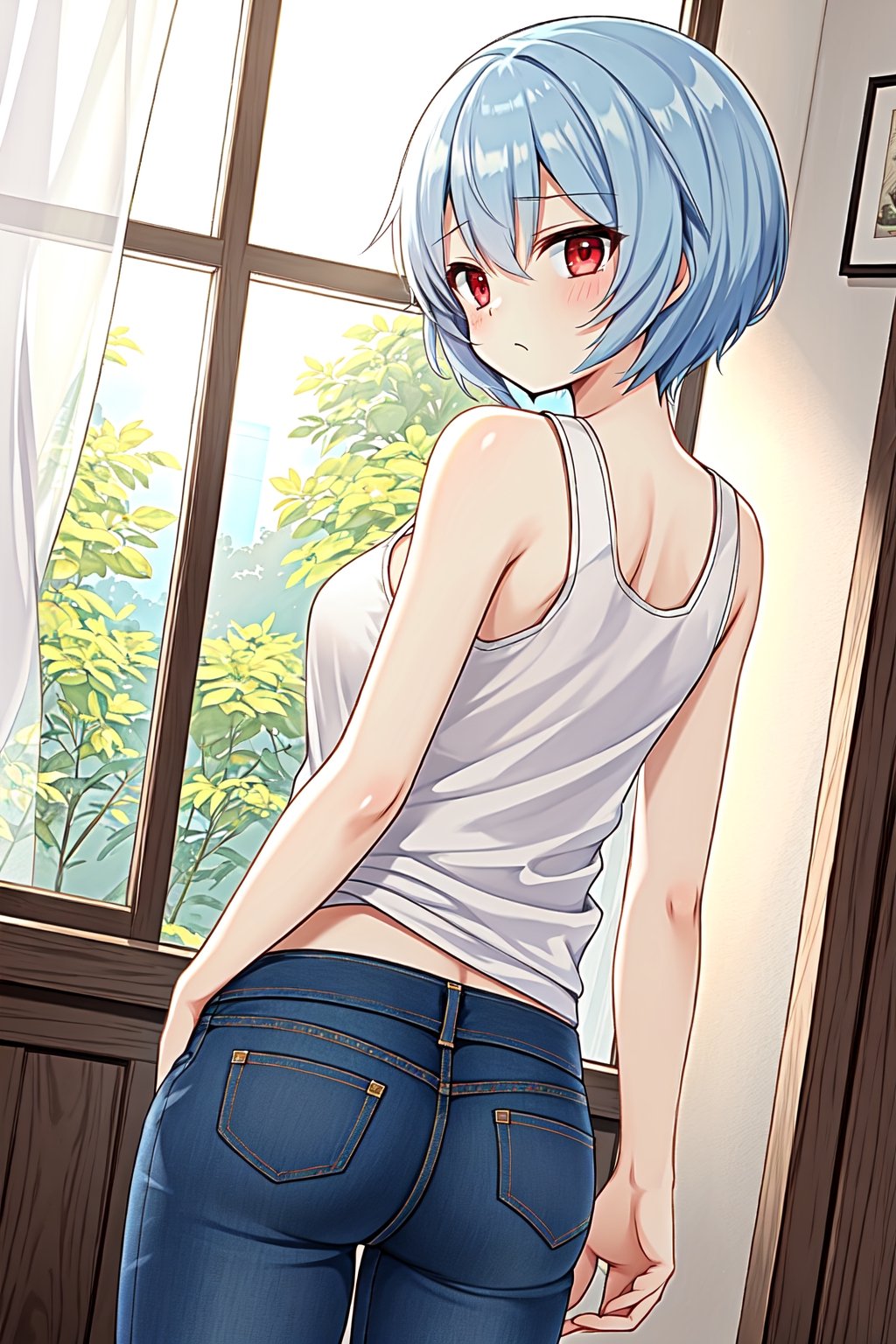 Solo, cute lady, ayanami rei, short hair, red eyes, tank top, jeans, cowboy shot, from behind, looking back, :>