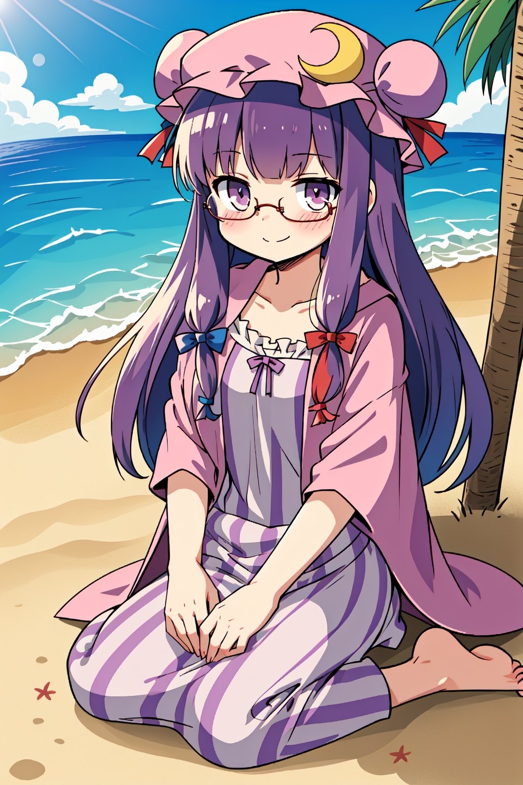 1girl, patchouli, unexpressive face, cute, blush, closed mouth, smile, glasses, sitting, beach