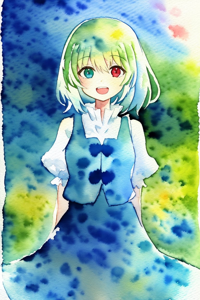 1girl, tatara kogasa, heterochromia, red eye, blue eye, open mouth, smile, cowboy shot, arms behind back, meadow scenery, sky, touhou, (watercolor \(medium\):1.3), best quality