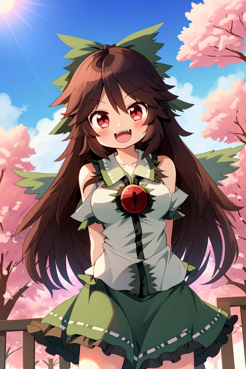 touhou_project, 1girl, ((reiuji utsuho)), cute, open mouth, smile, fang, standing, cowboy shot, arms behind back, spring day, sakura tree