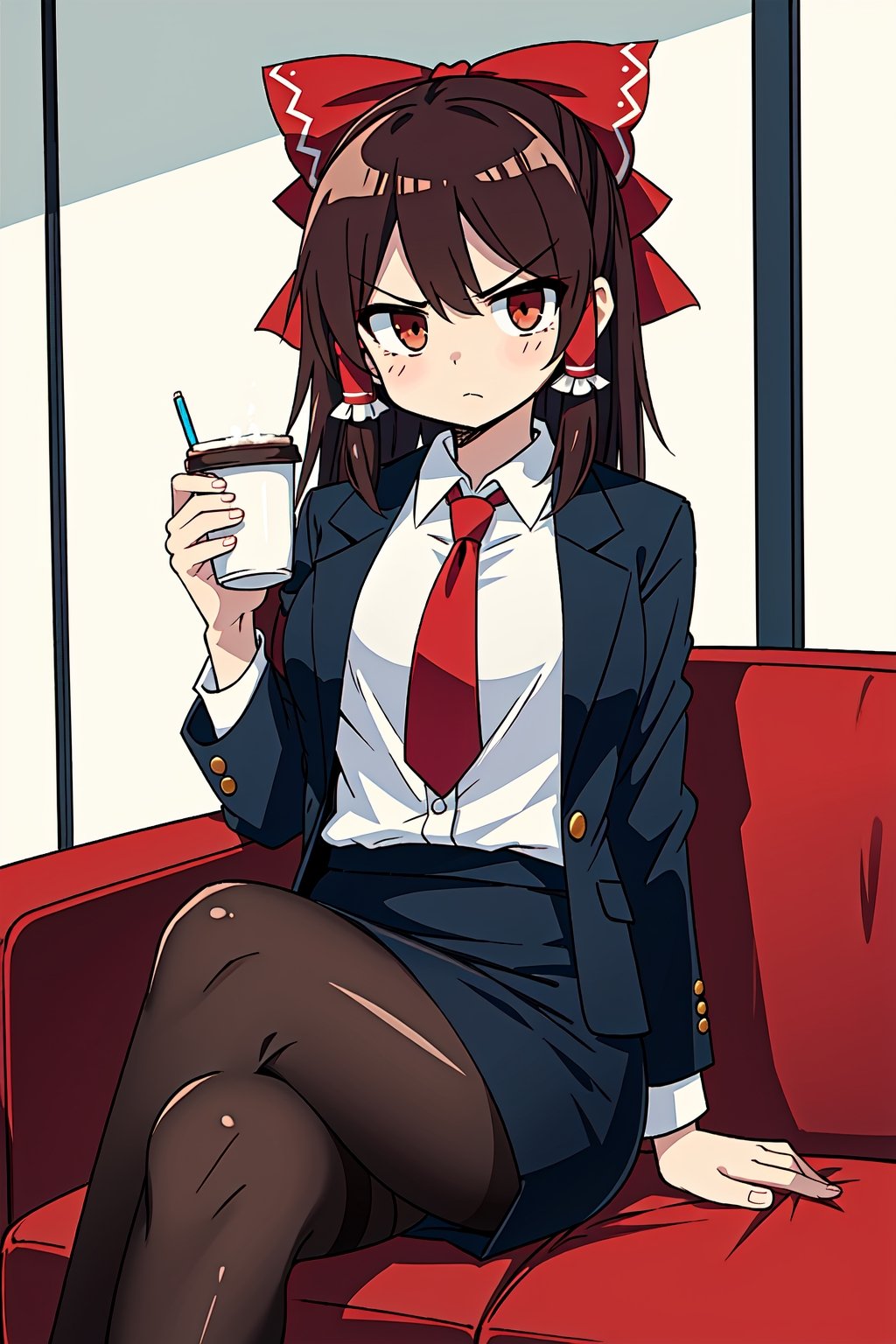 1girl, reimu, office lady, grumpy, medium breasts, blazer, blouse, necktie, pencil_skirt, pantyhose, sitting, on sofa, crossed legs, coffee break