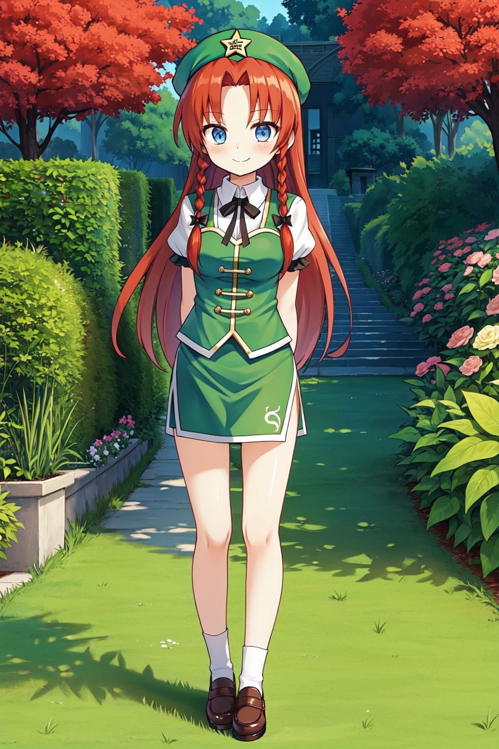 Solo, cute lady, (hong meiling), blue eyes, closed mouth, smile, standing, full body, (facing viewer, arms behind back), garden, flowers