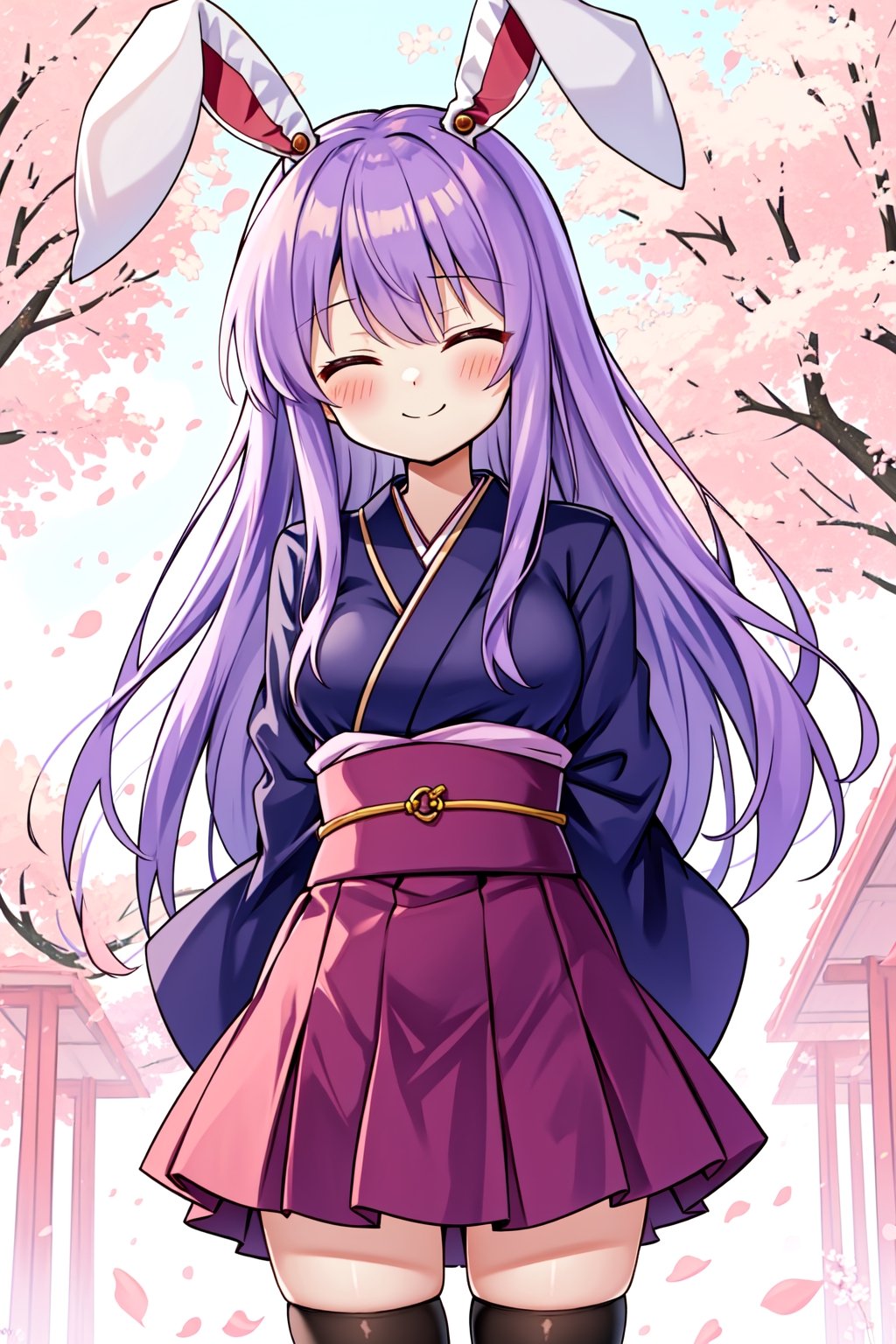 Solo, cute lady, (reisen udongein inaba), (kimono), thighhighs, closed eyes, closed mouth, smile, cowboy shot, (facing viewer), (arms behind back), cherry blossom petals, spring day