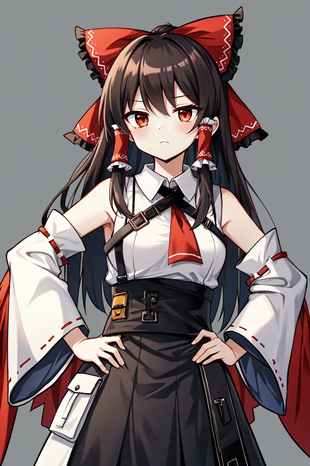 (arknights), solo, mature lady, hakurei reimu, cowboy shot, neutral expression, hands on hips 