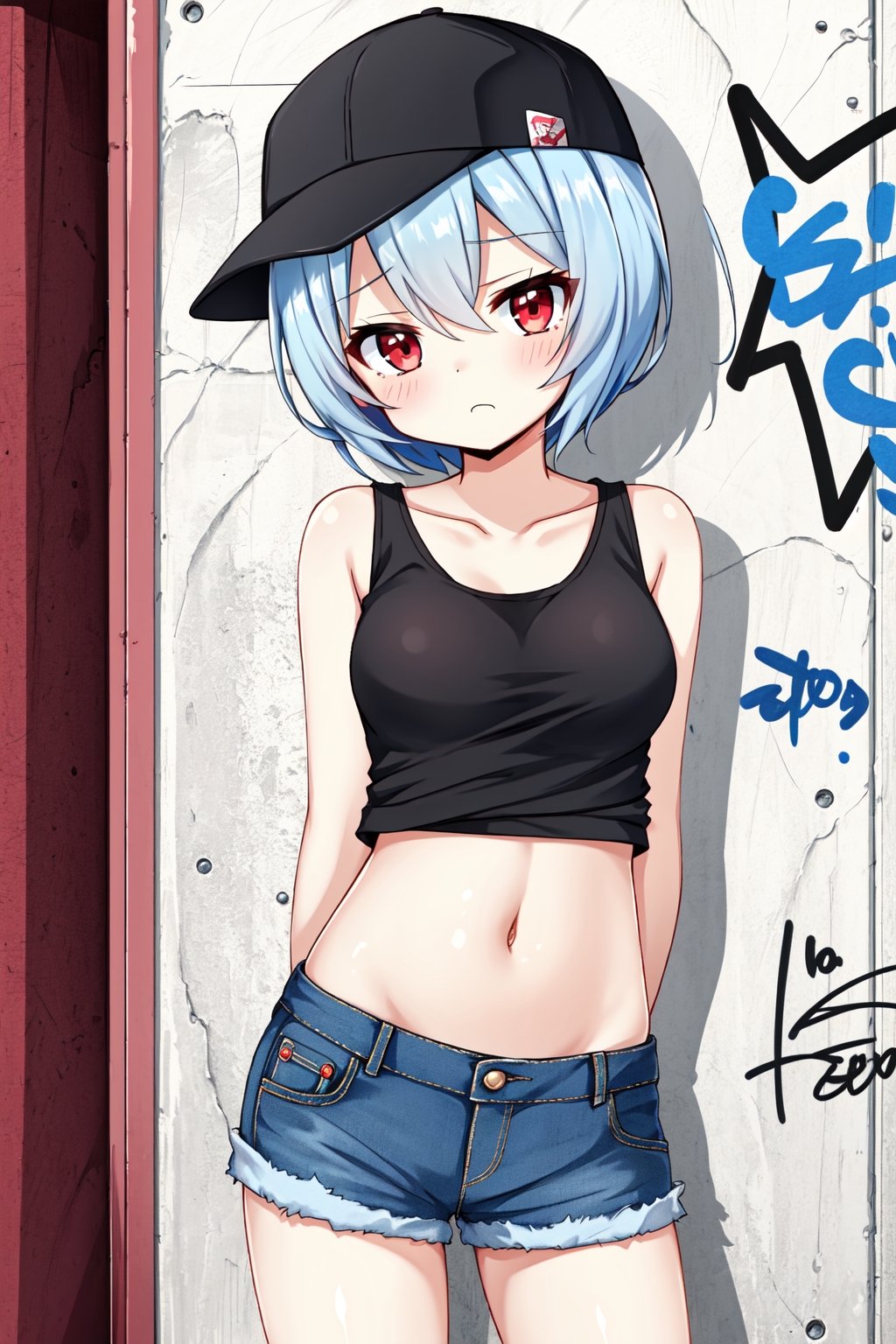 Solo, cute lady, ayanami rei, short hair, red eyes, sleeveless top, navel, snapback, (denim_shorts), cowboy shot, facing viewer, head tilt, arms behind back, cityscape, graffiti