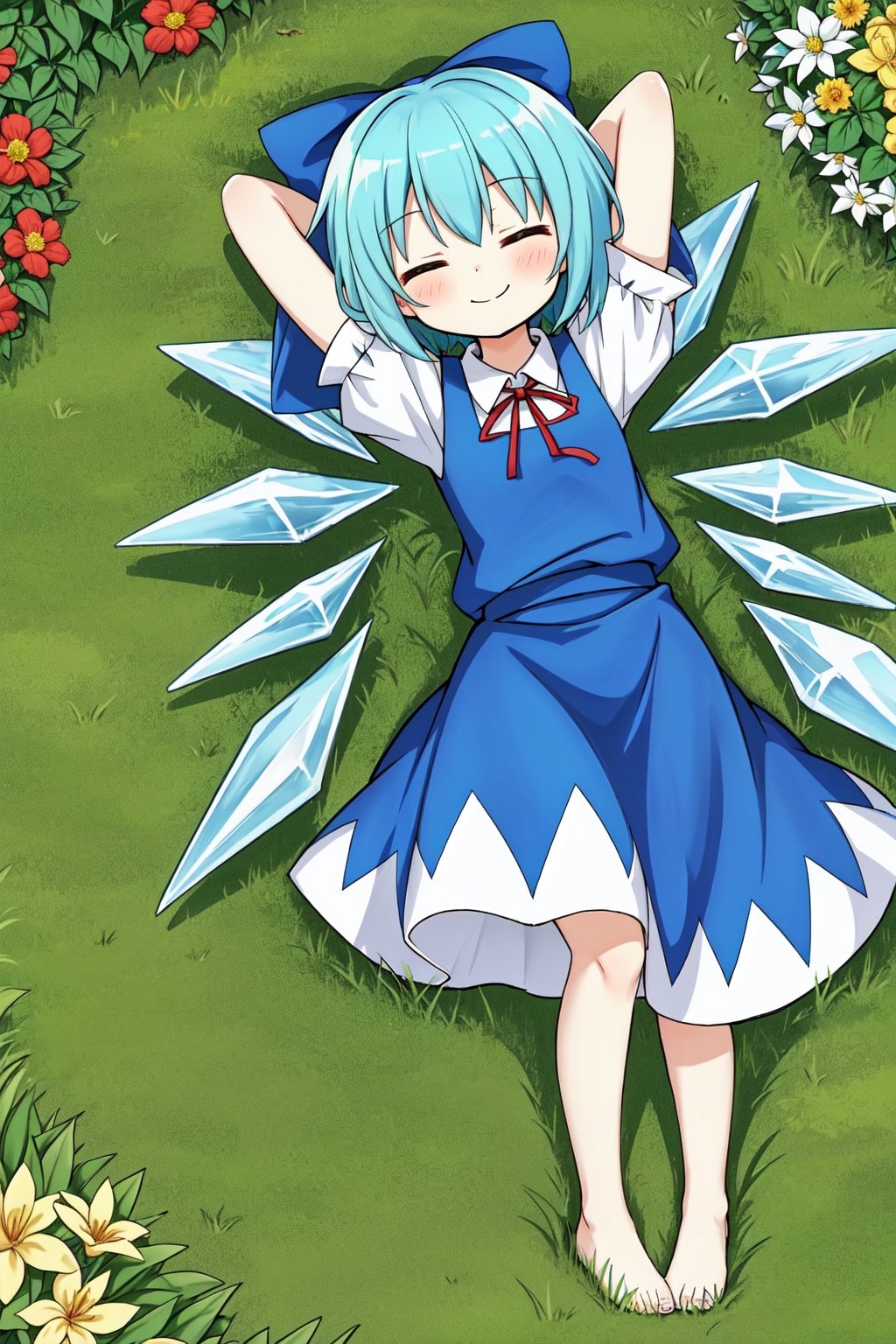 Solo, cute lady, (cirno), closed eyes, sleeping, smile, lying, grass, flowers from above, full body, (arms behind head)