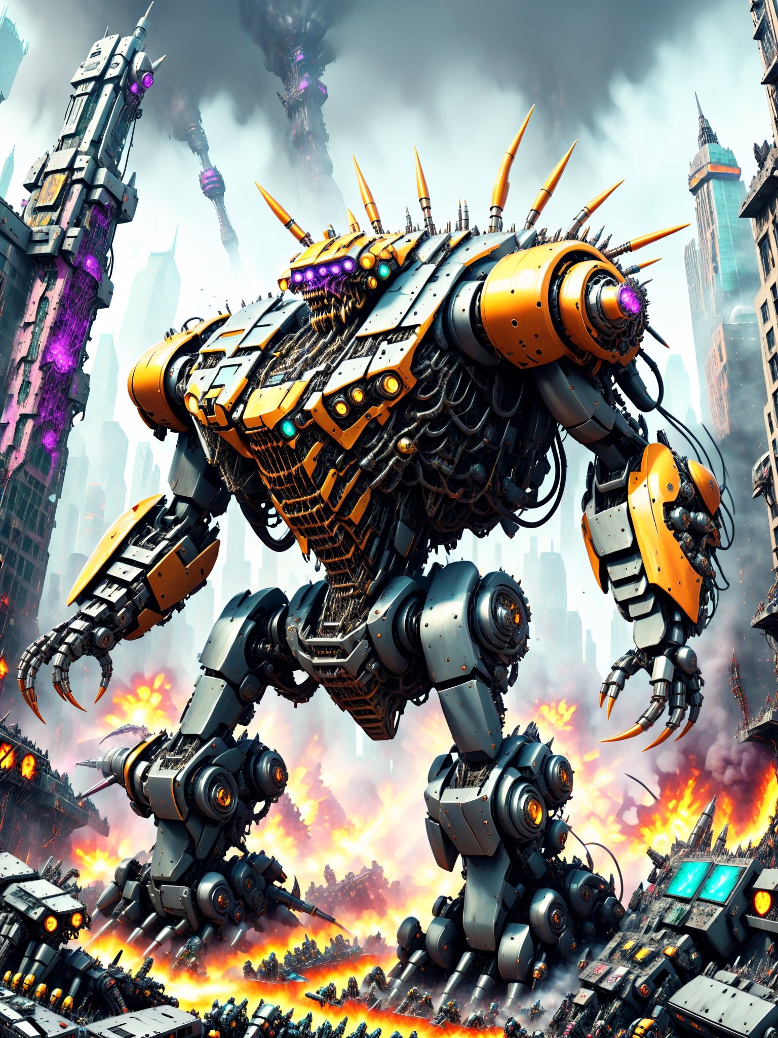 A massive looming gigantic killer robot, rampaging through a crowded city, smashing buildings, people fleeing in terror,  ultra intricate mechanical parts wires gears intricate inner workings, psychedelic to the max, best quality, CartooNuclear Meltdown style,2D