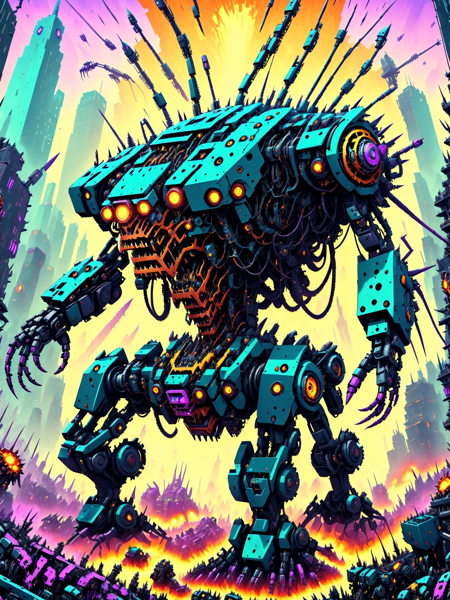 A massive looming gigantic killer robot, rampaging through a crowded city, smashing buildings, people fleeing in terror,  ultra intricate mechanical parts wires gears intricate inner workings, psychedelic to the max, best quality, CartooNuclear Meltdown style,2D