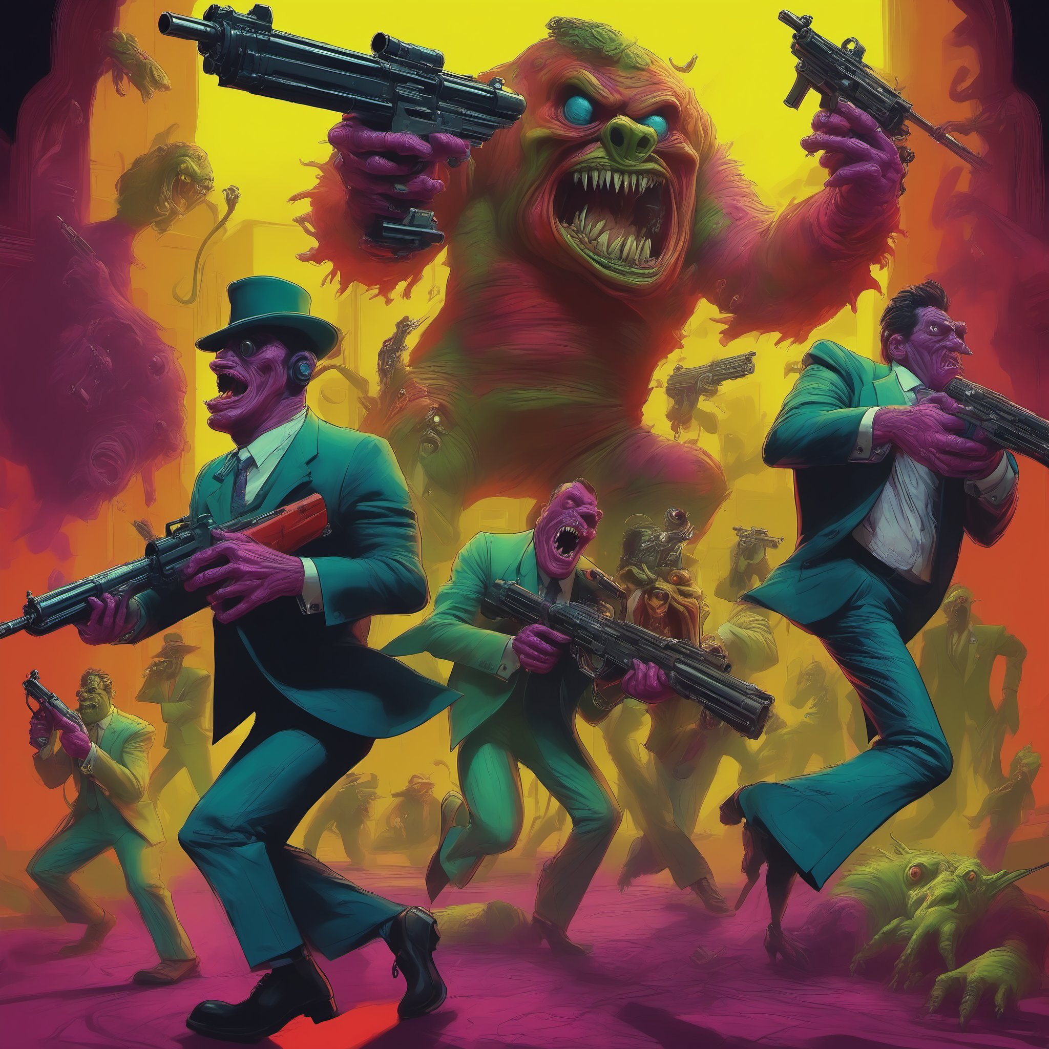 monster goofy guys in cool suits with guns and stuff like some bizarre alternate reality other dimensional Ghostbusters original film style cool crazy insane creature feature scene from a bad dream a nightmare version of the film reimagined,Claymutation XL